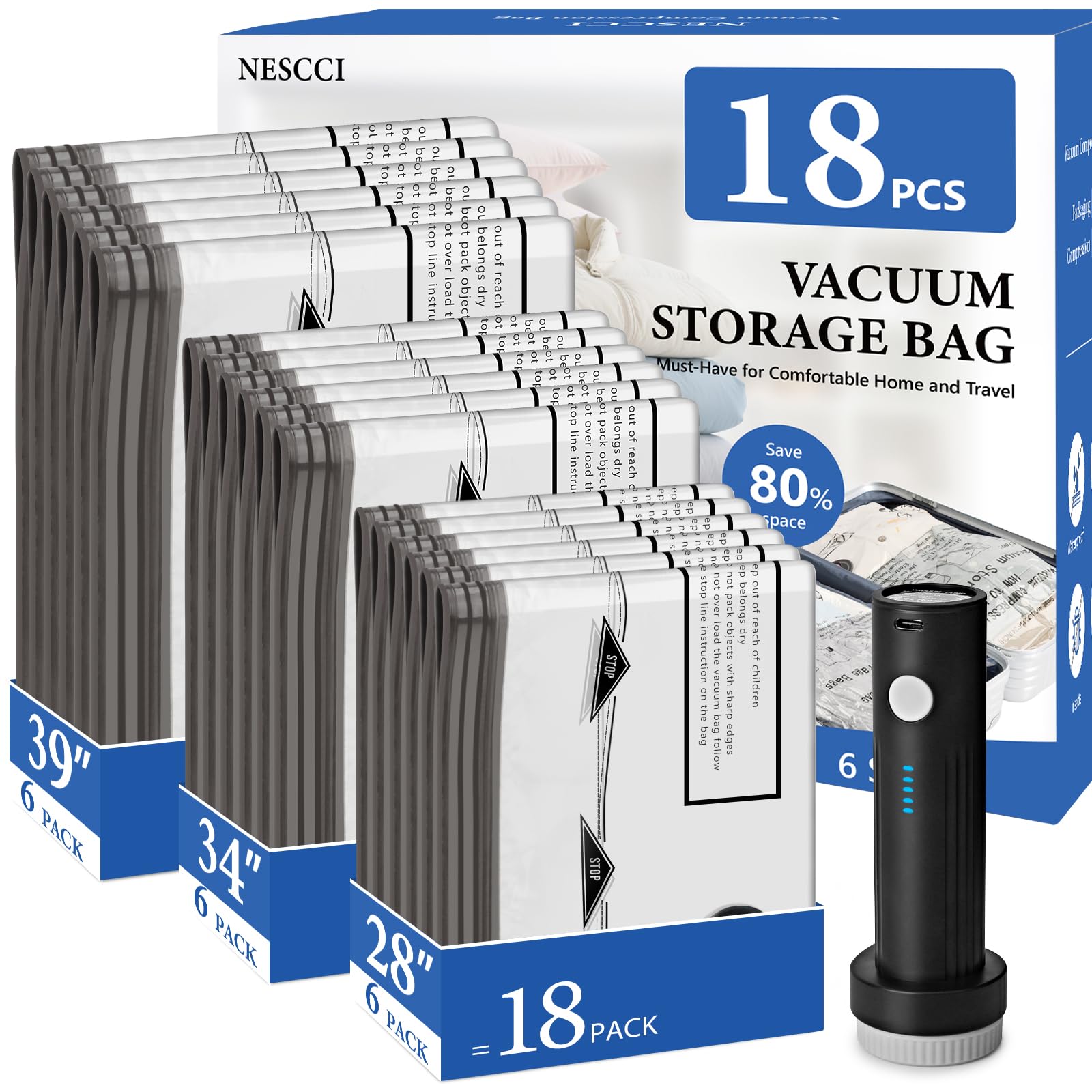 NESCCI Travel Vacuum Bags for Clothing with Rechargeable Wireless Air Pump,18 Pack Compression Seal Packing Bags for Luggage Sui