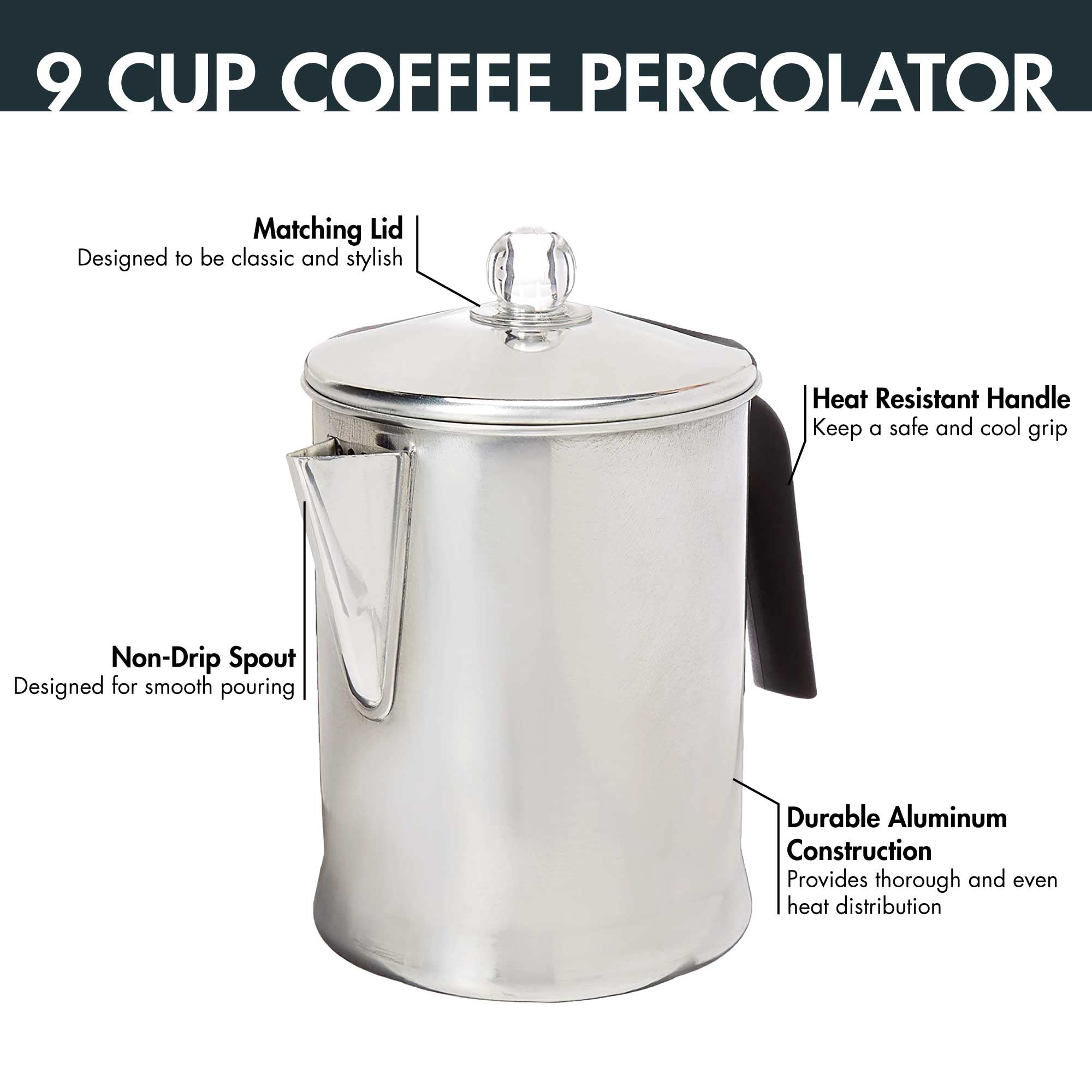 Primula Today Aluminum Stove Top Percolator Maker Durable  Brew Coffee On Stovetop  9 Cup  Silver