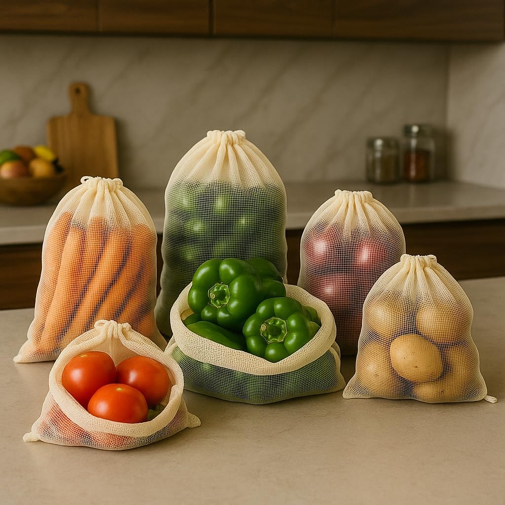 Mohini Dreams Reusable Mesh Vegetable Storage Bags | Drawstring MultiSize Fridge Organizer For Fruits & Vegetables | Breathable