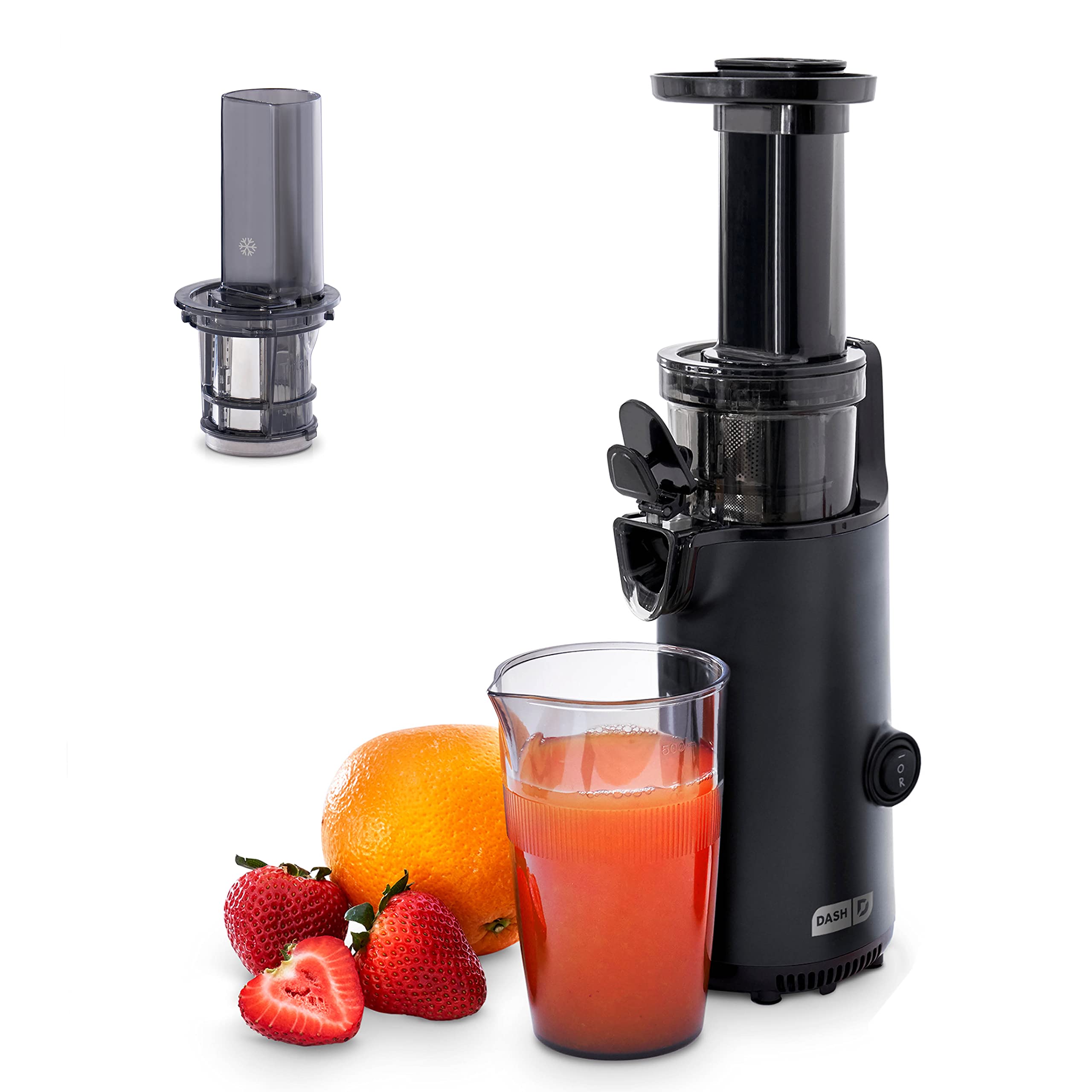 Dash Deluxe Compact Masticating Slow Juicer, Easy To Clean Cold Press Juicer With Brush, Pulp Measuring Cup, Frozen Attachment A