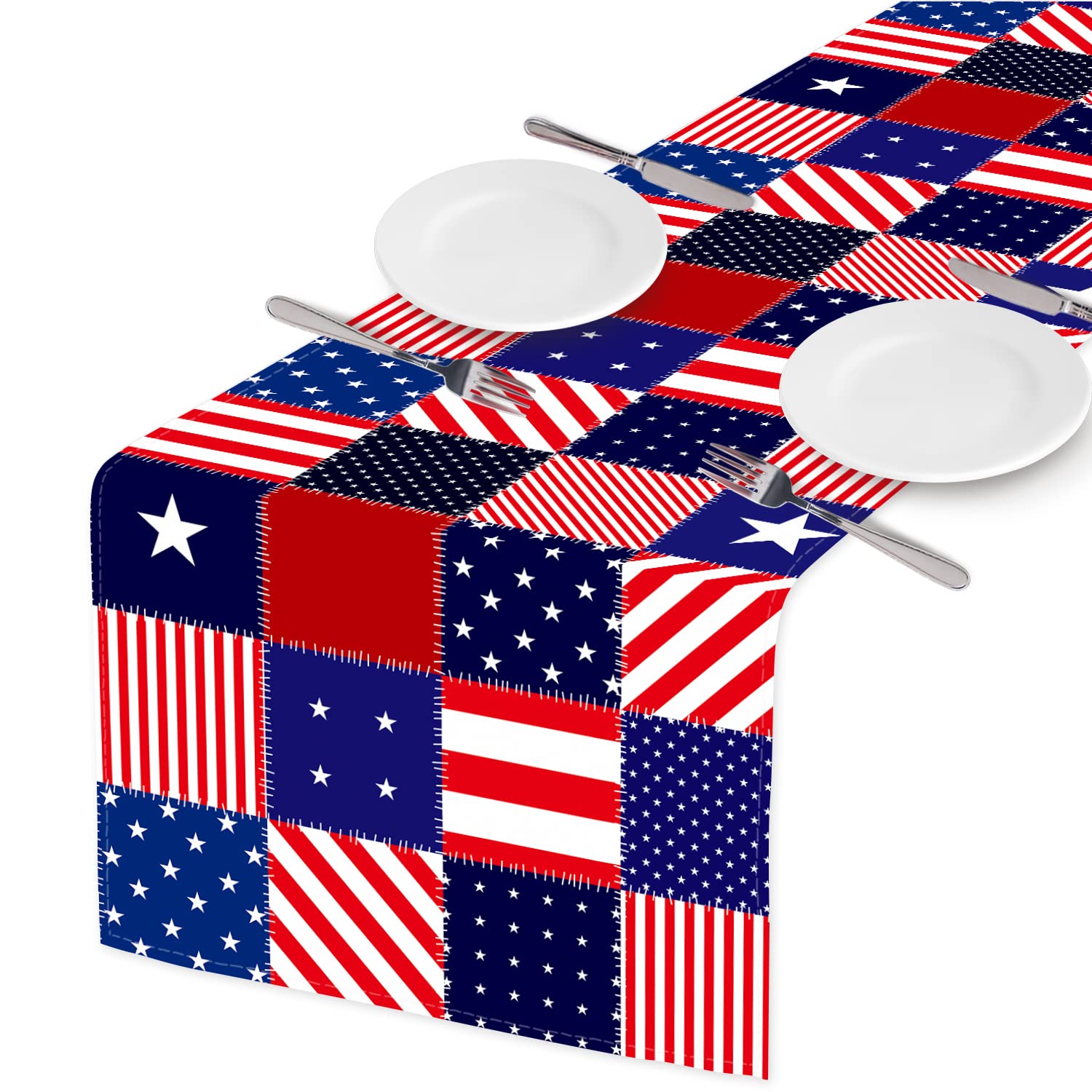 HOSNYE Table Runner American Flag Patchwork Pattern Cotton Linen Table Runner Decoration for Kitchen Family Dinner Table Holiday Party Farmhouse Style 13 x 72 Inch