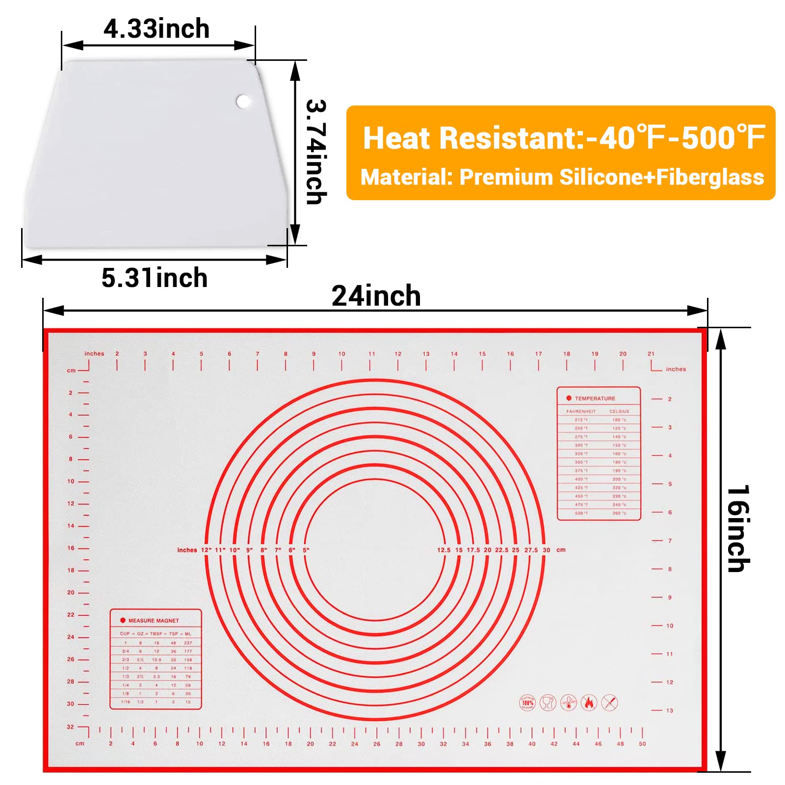 Silicone Baking Mat, Qidoe (16''X 24'') Extra Thick Non Stick Baking Mat With Measurement Fondant Mat/Dough Rolling Mat/Counter