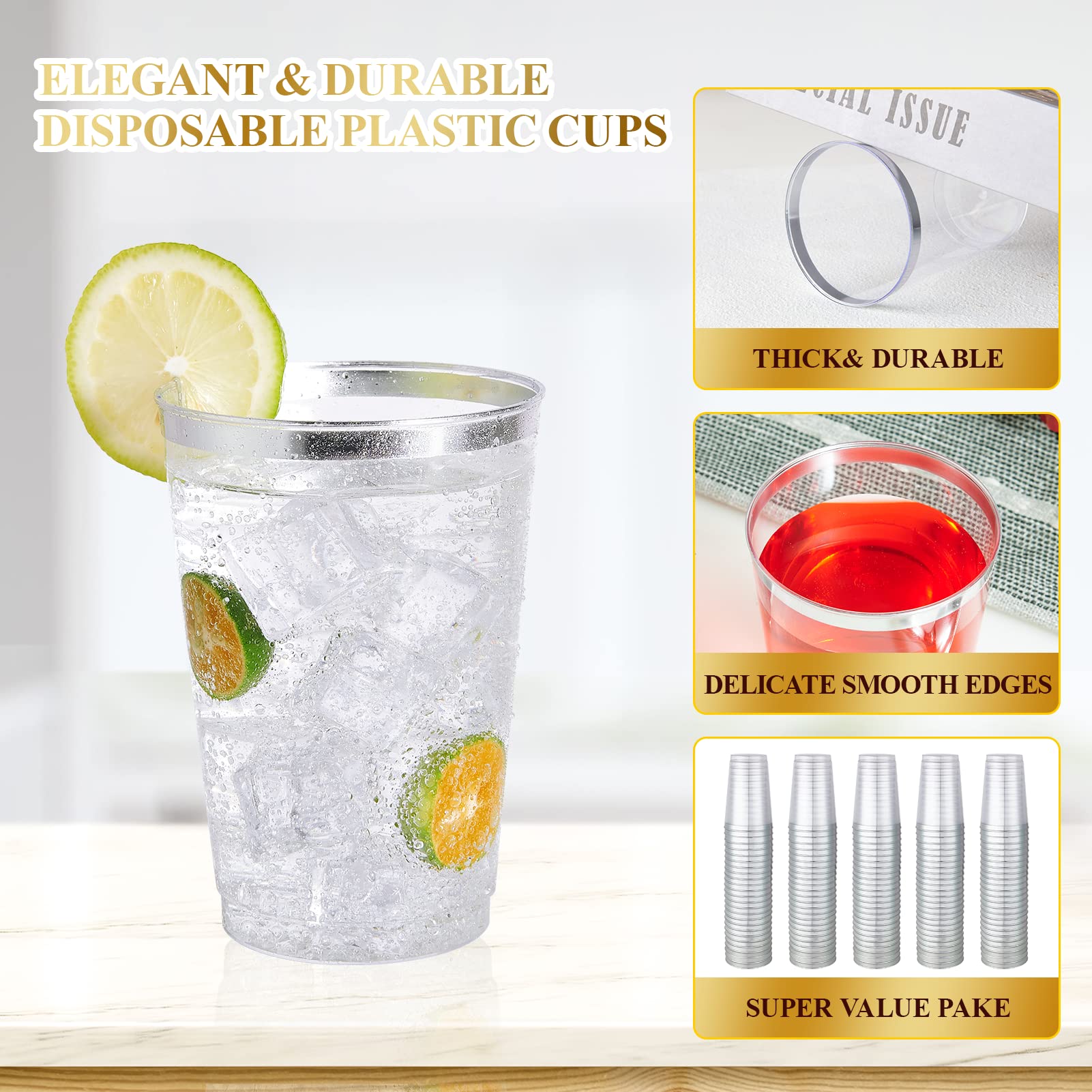 Vplus 150 Pack 12 Oz Silver Rimmed Plastic Cups, Reusable Clear Plastic Cups, Disposable Heavy Duty Plastic Cups Perfect For Wed