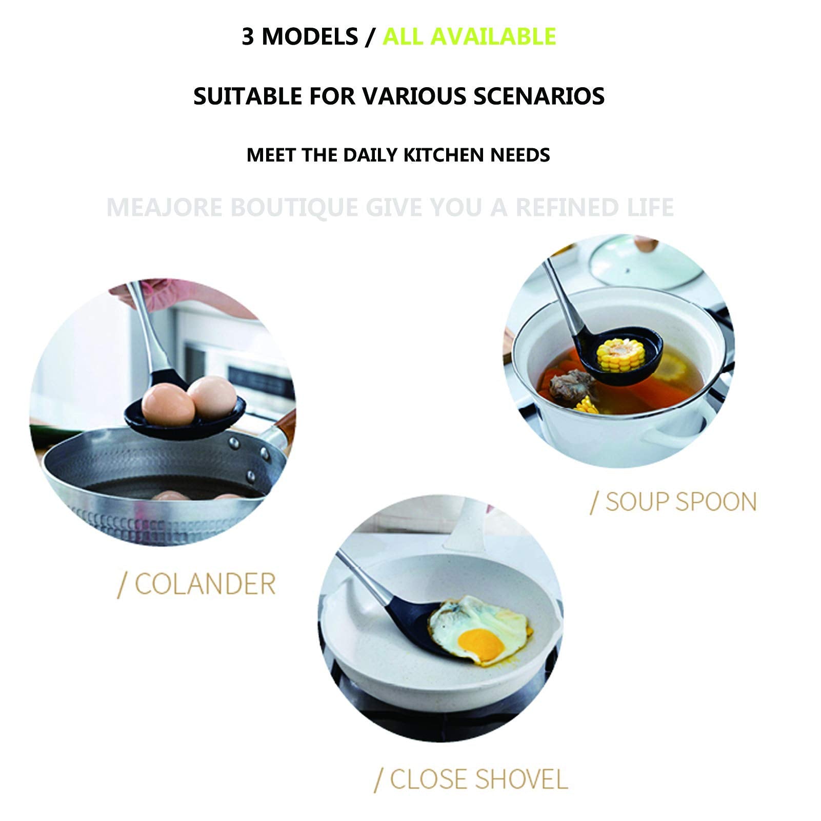 Silicone Stainless Steel Kitchen Utensils Set, 3-Pieces Flexible Silicone Head Cooking Utensil With Wok Spatula, Ladle, Slotted