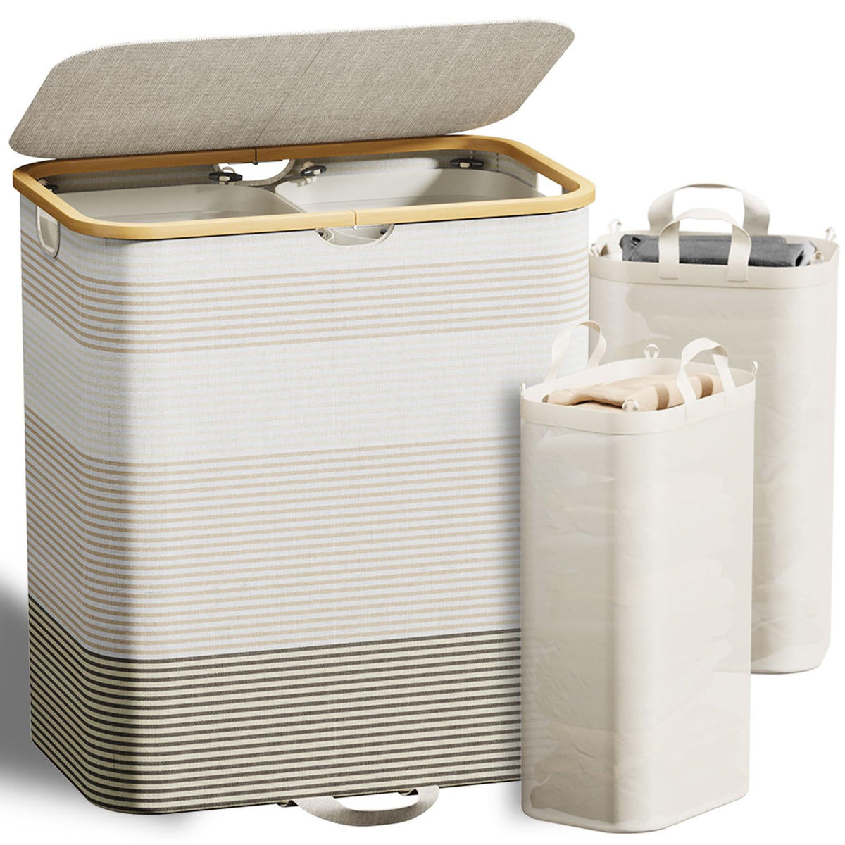 Xlhomo Double Laundry Hamper With Lid And Removable Bags, 150L Large Collapsible 2 Dividers Dirty Clothes Basket With Handles, B