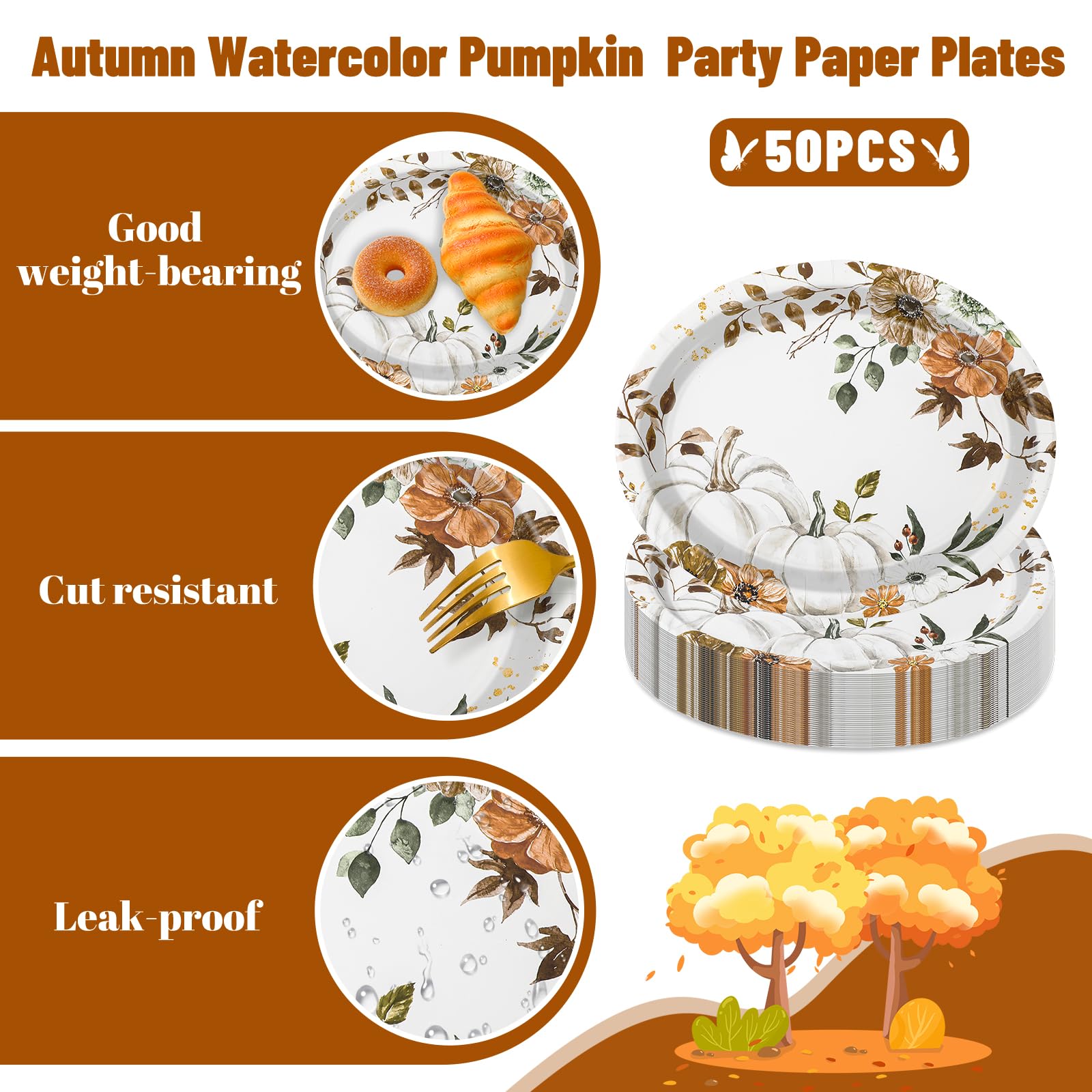 50Pcs Fall Oval Paper Plates Pumpkin Floral Disposable Dinner Plates for Autumn Thanksgiving Harvest Party Supplies