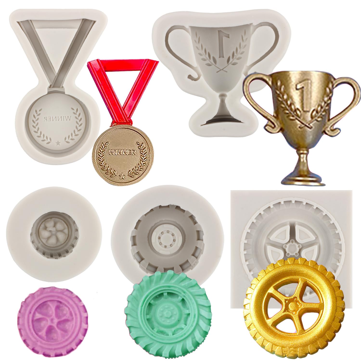 Mypracs Race Car Silicone Mold 3D Round Tire Fondant Mold Truck Wheel Silicone Mold Racing Car Chocolate Candy Mold Trophy Medal