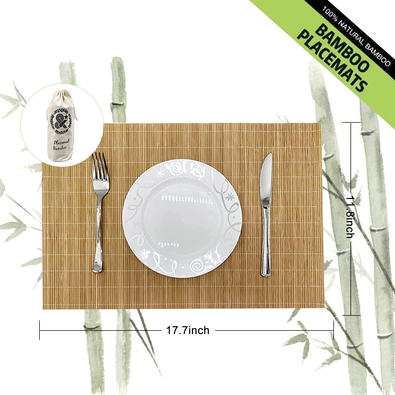 Andstar Set Of 12 Pcs Bamboo Placemats Sushi Rolling Mat Japanese Style Natural Anti-Slip Bamboo Placemats Washable Heat-Resista