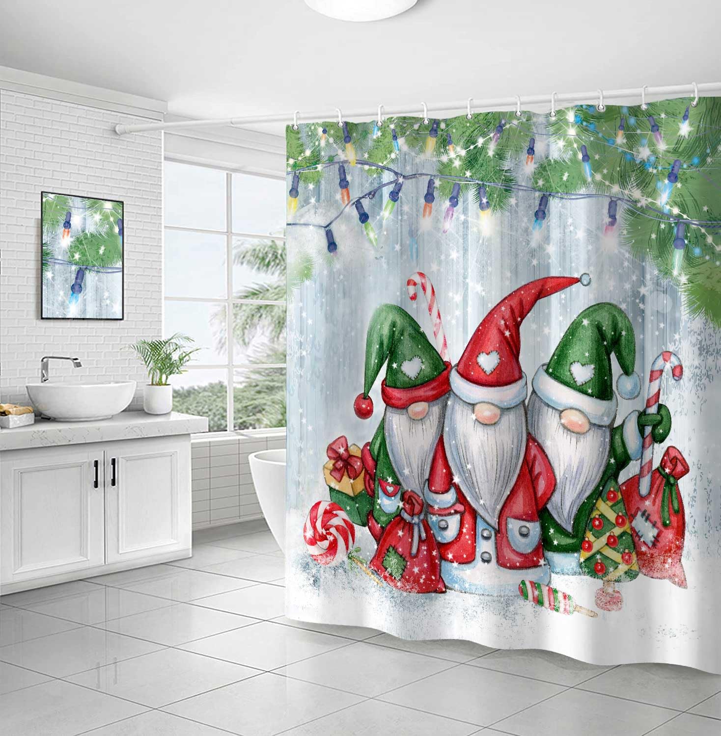 Hjokiupt Merry Christmas Gnome Shower Curtains For Bathroom, Winter Snowflake Xmas Pine Leaves Lamp Holiday Home Decor Bath Curt
