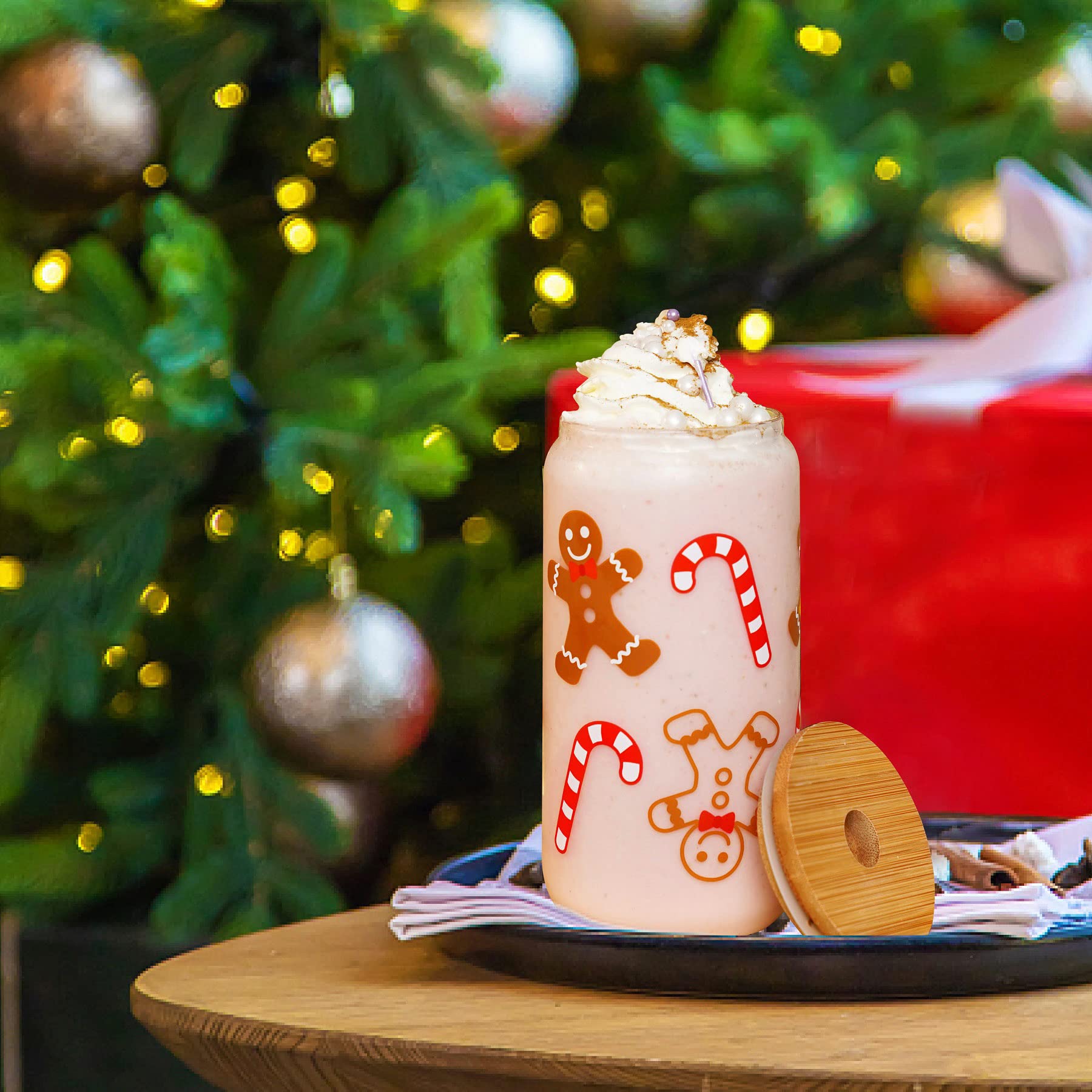 Christmas Cups, 18oz Christmas Iced Coffee Glass Cups with Lids and Straws White Elephant Gifts for Adults Colorful Xmas Tree El