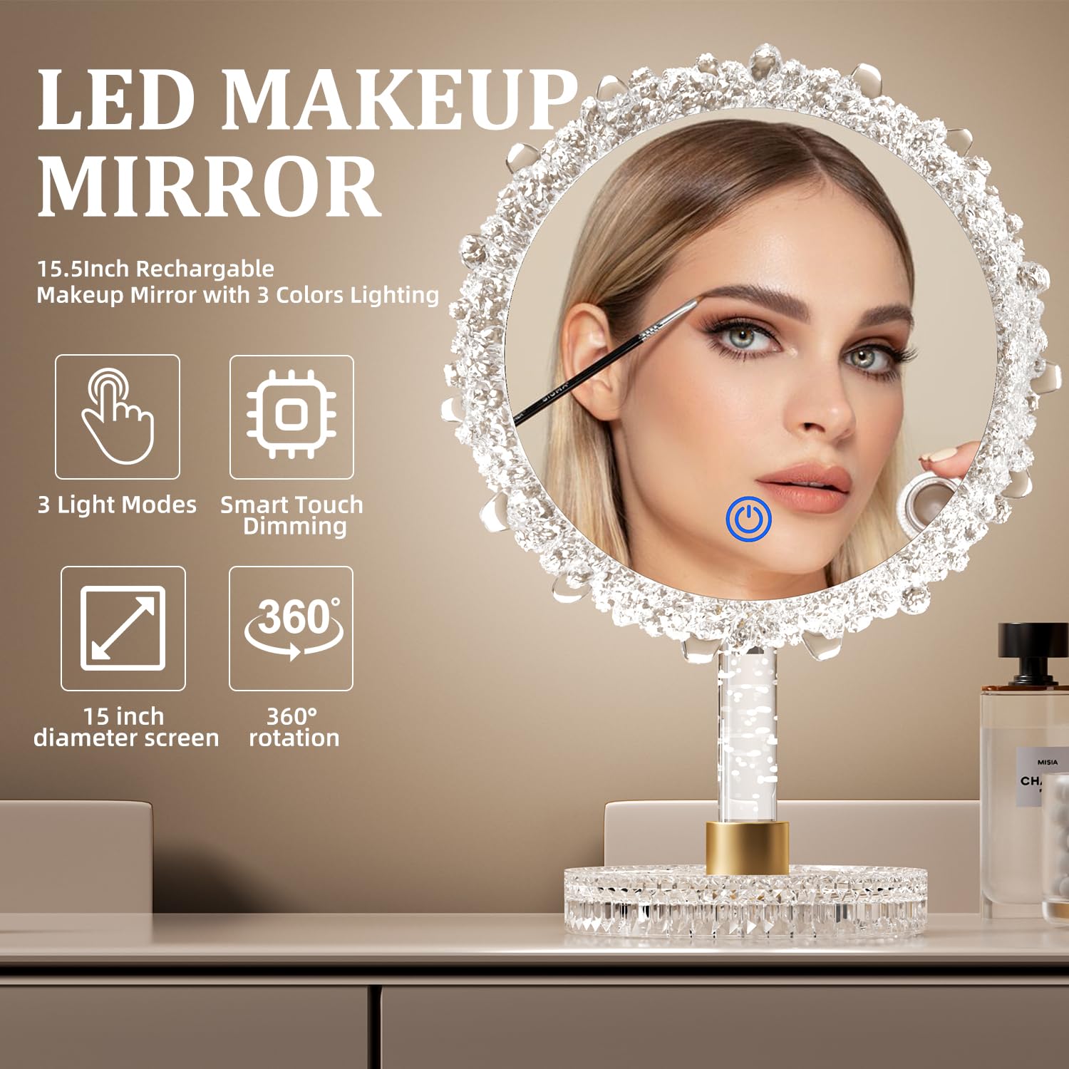 OPYNU Makeup Mirror with Lights,18x12Large LED Lighted Makeup Mirror with Crystal Frame,3-Color Lighting Mode,Intelligent Touch