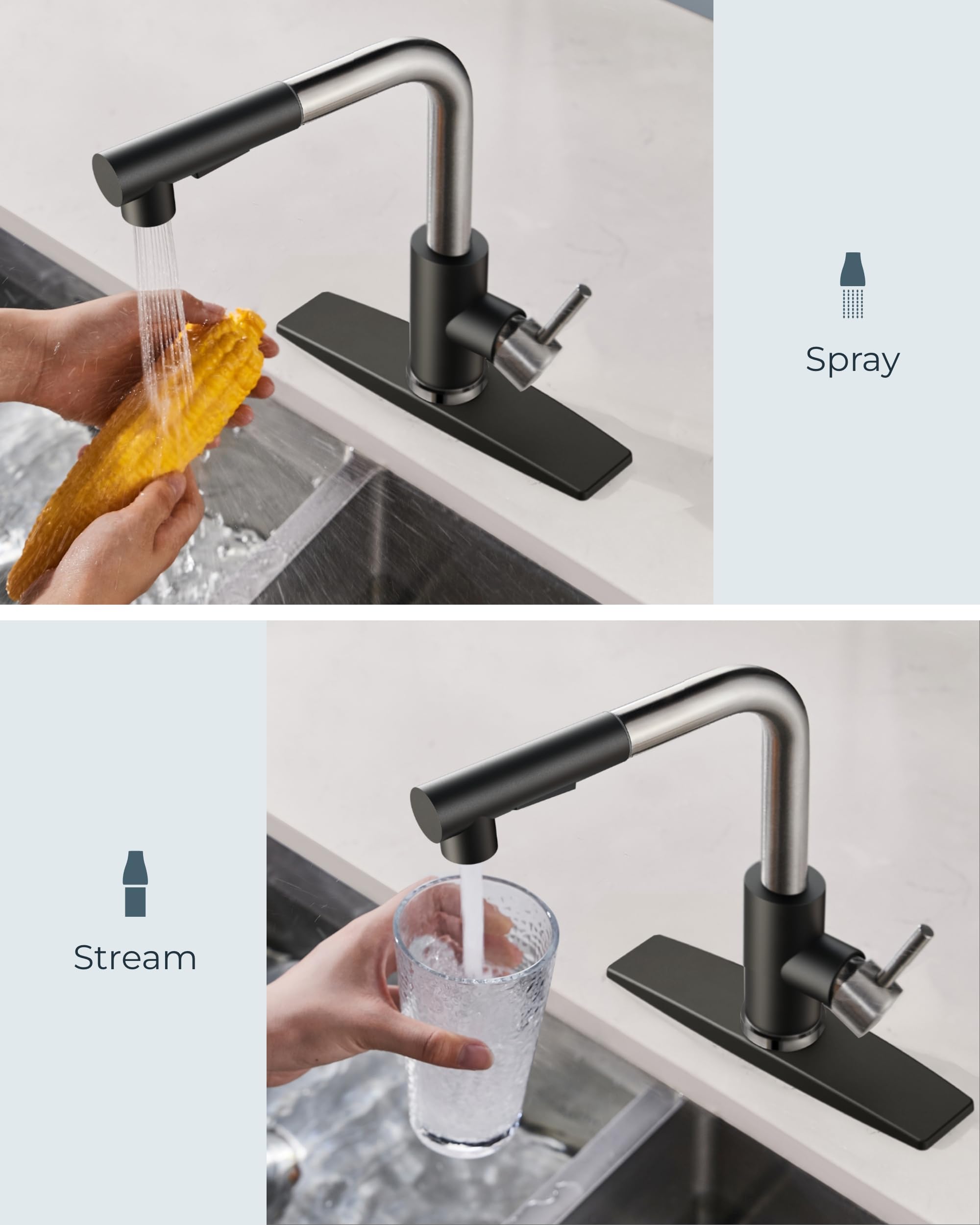 FORIOUS Kitchen Faucet with Pull Down Sprayer  Black Brushed Sink Faucet  Single Handle Kitchen Sink Faucet with Deck Plate  Commercial Modern rv Stainless Steel Kitchen Faucets  Grifos De Cocina