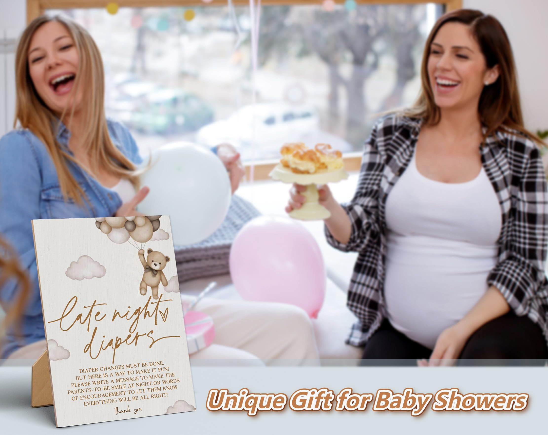 Baby Shower Games Late Night Diapers Sign-8  11 Inches, Little Bear Wooden Sign, Gender Neutral Tabletop Decor for Gender Reveal