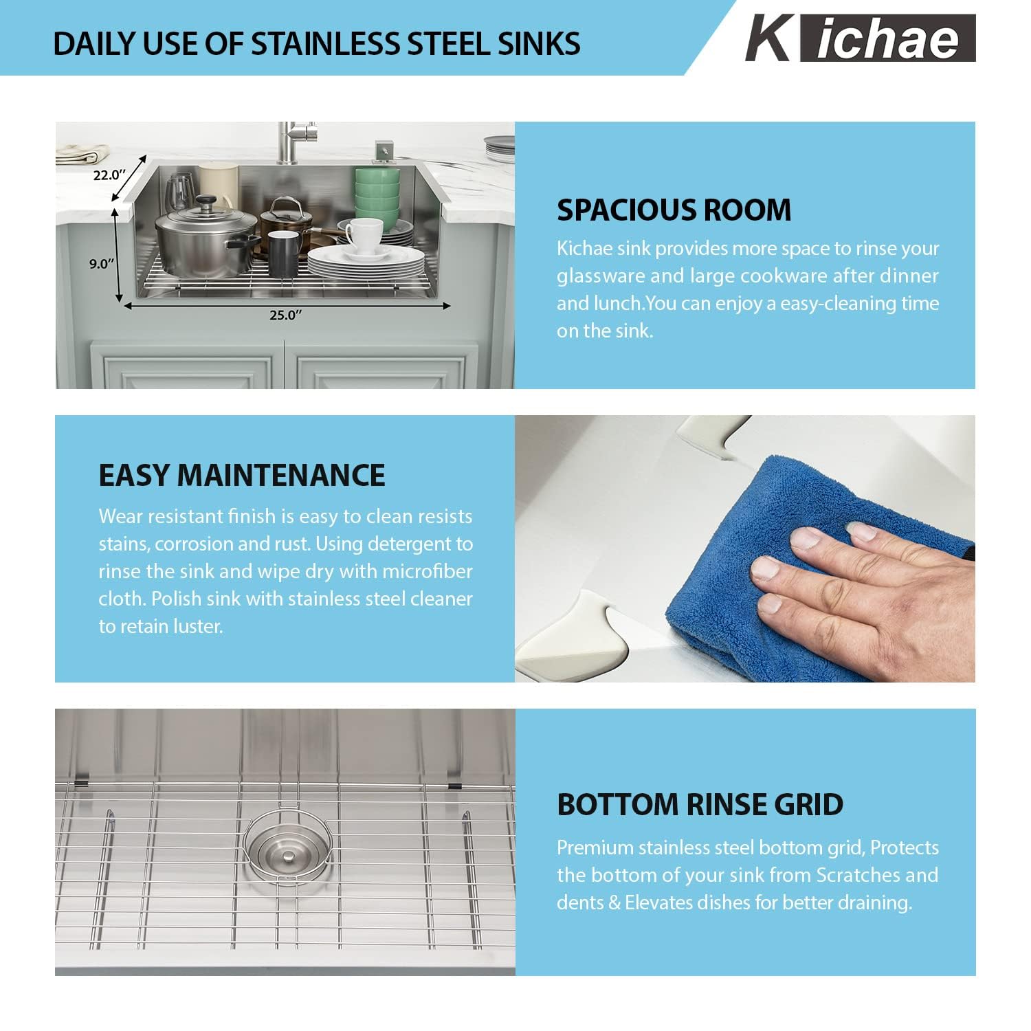 Kichae 25 Inch Drop In Kitchen Sink 25X22 Drop Sink Stainless Steel 18-Gauge Single Bowl Topmount Deep Basin Drop Kitchen Sinks