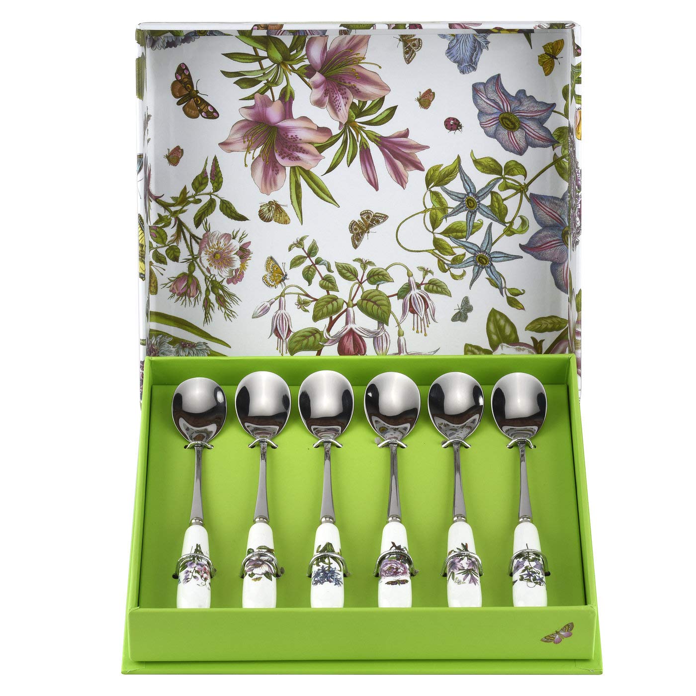 Portmeirion Botanic Garden 6'' Teaspoons - Set Of 6 | Assorted Floral Motifs | Stainless Steel And Fine Porcelain | Ideal For Mo