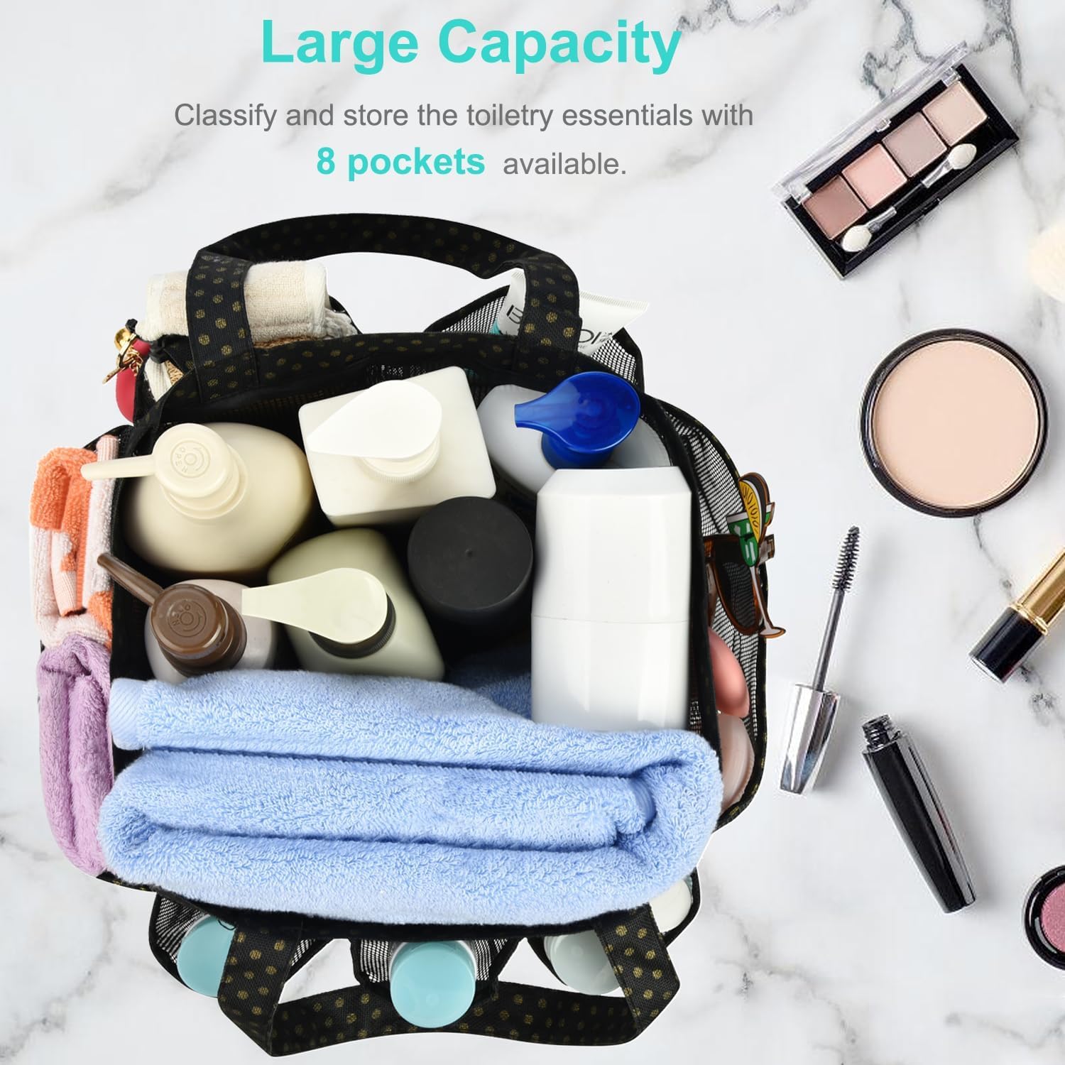 Haundry Mesh Shower Caddy Basket  Large College Dorm Bathroom Caddy Organizer with Key Hook and Oxford Handles  8 Pockets  Hanging Portable Tote Bag for Camp Gym