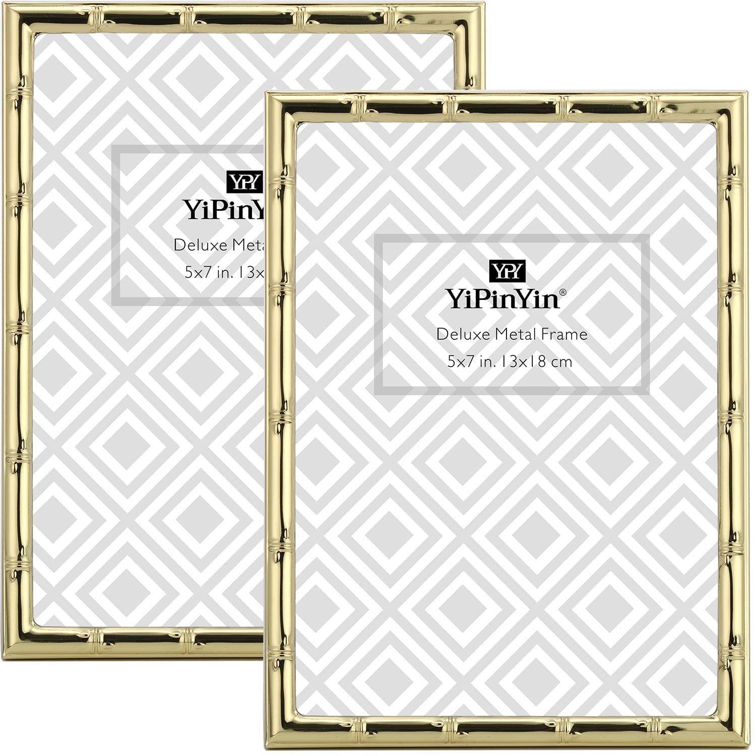 YiPinYin 5x7 Bamboo Detail Designs Gold Metal Picture Frame 2pack, Elegant Narrow Plated Photo Frames 5x7 With Soft Touch Ve