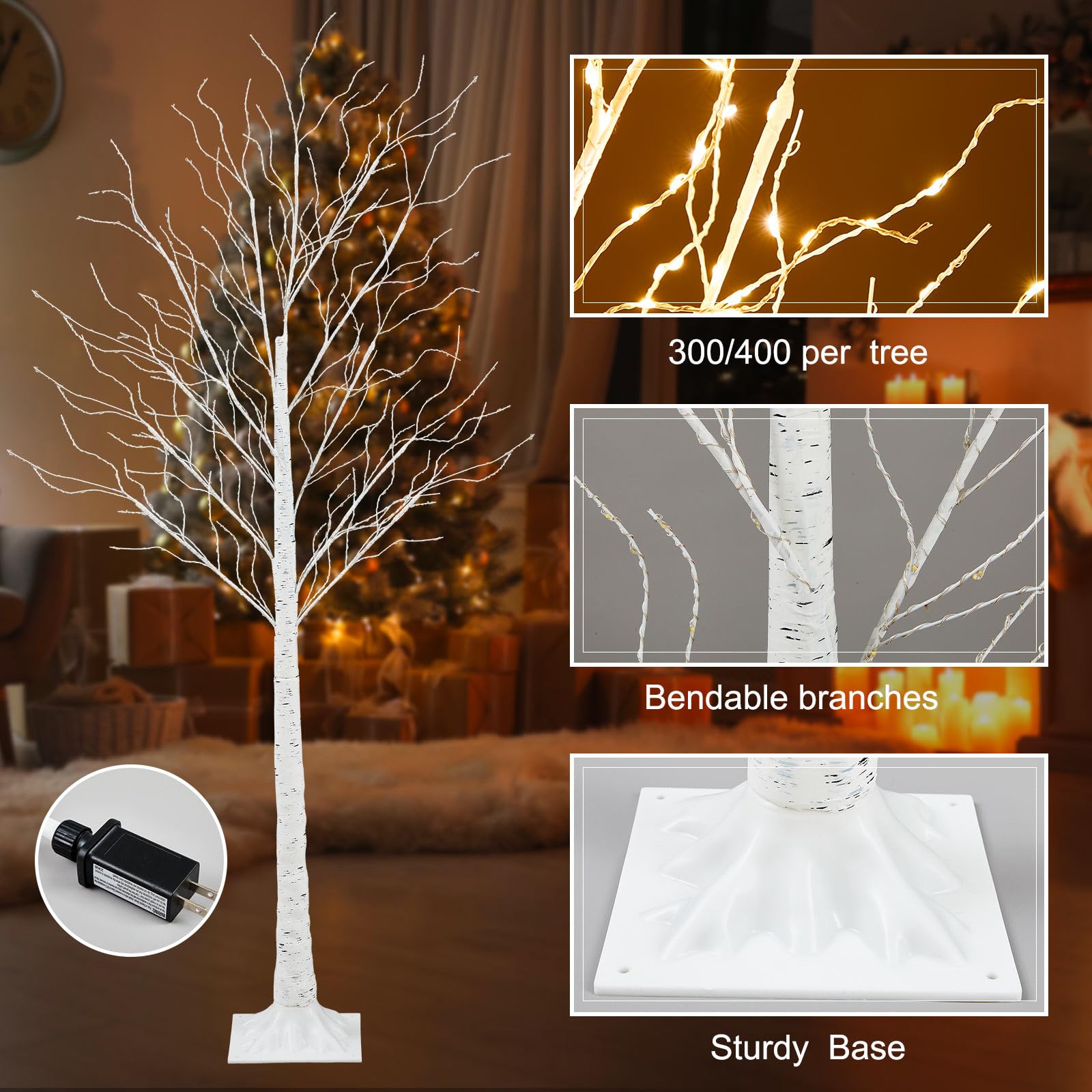 Aurelema 4 Pcs 4ft-300led, 6ft-400led Lighted Birch Tree 8 Modes Christmas Artificial LED Warm White Lights Birch Tree for Indoo