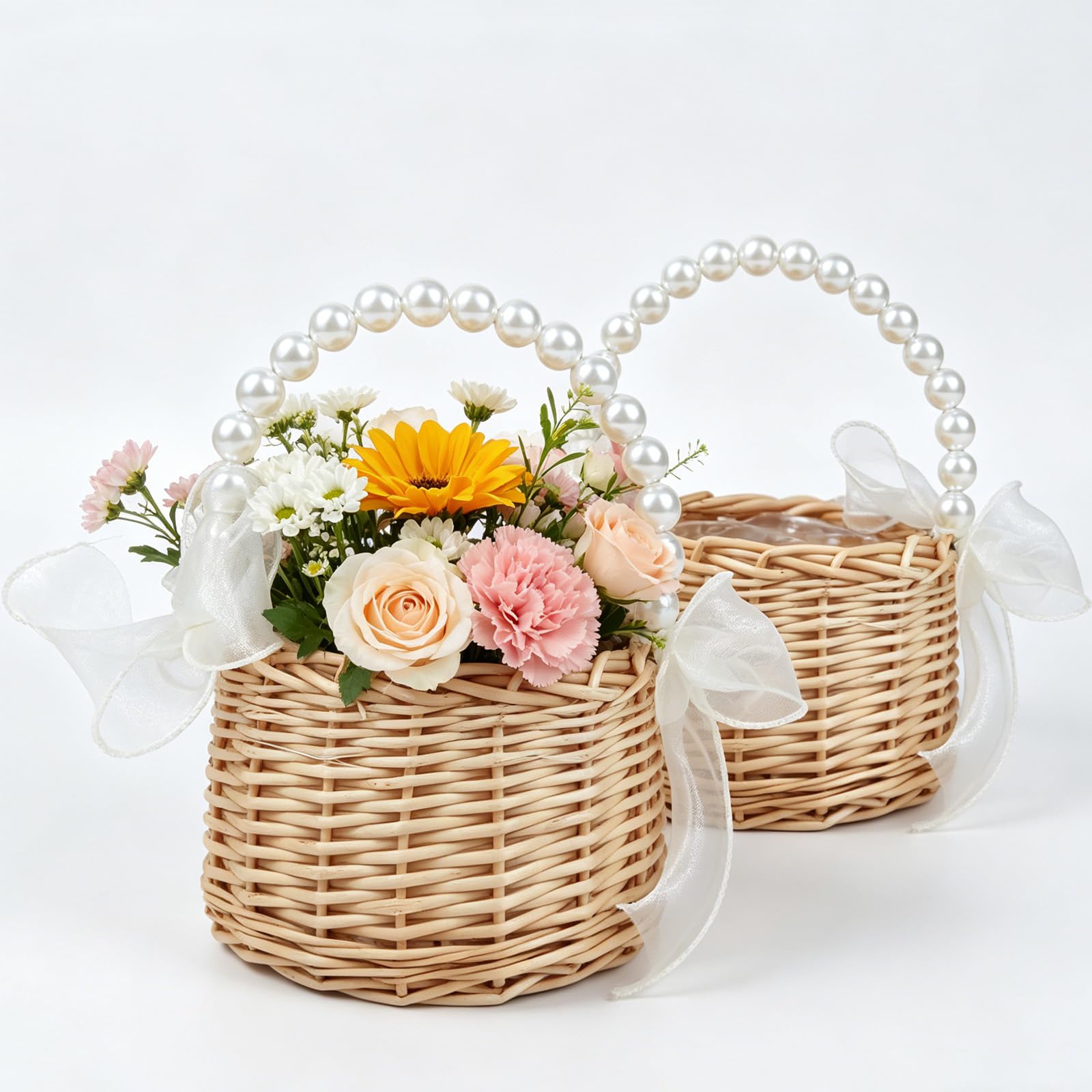 Paesteffe 2 PCS Wicker Rattan Flower Girl Basket with Pearl Handle, Satin Bowknot Flower Basket for Wedding Flowers Girls, Picni