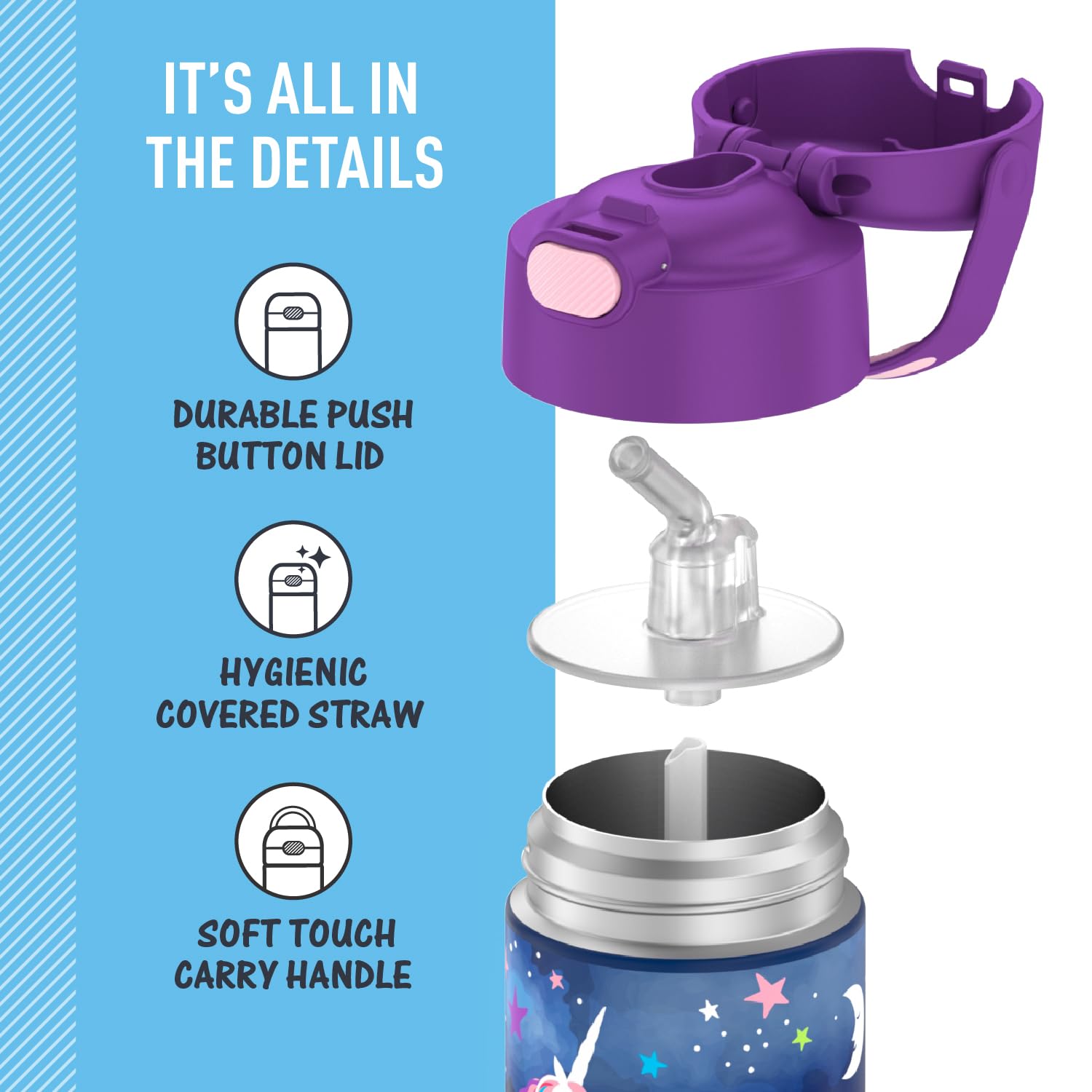 Thermos Funtainer Water Bottle With Straw - 12 Ounce - Kids Stainless Steel Vacuum Insulated Water Bottle With Lid, Space Unicor