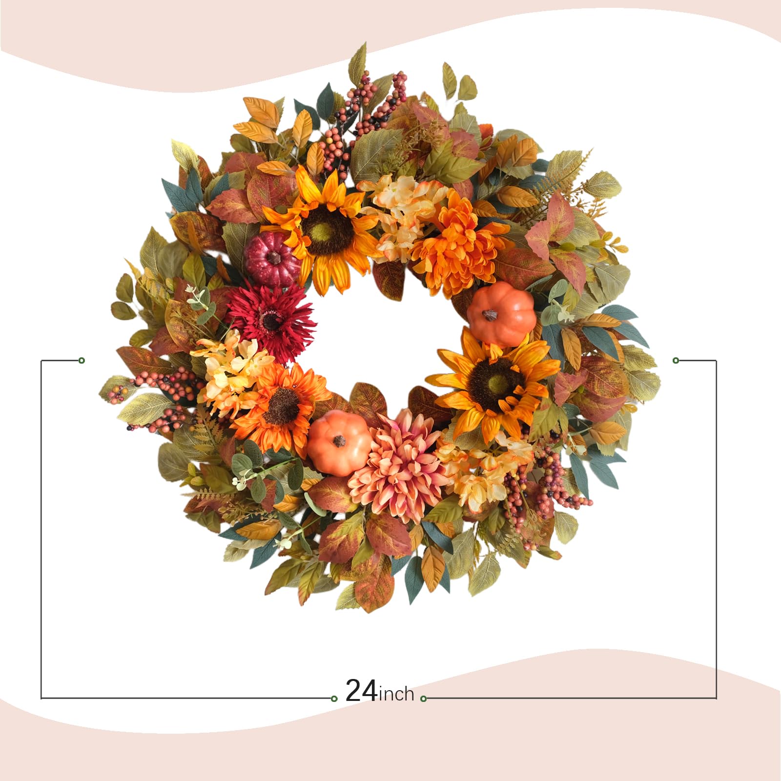 Bibelot 24 Inch Sunflower Pumpkin Fall Wreath for Front Door - Artificial Grapevine Harvest Decor with Dahlias & Hydrangeas, Tha