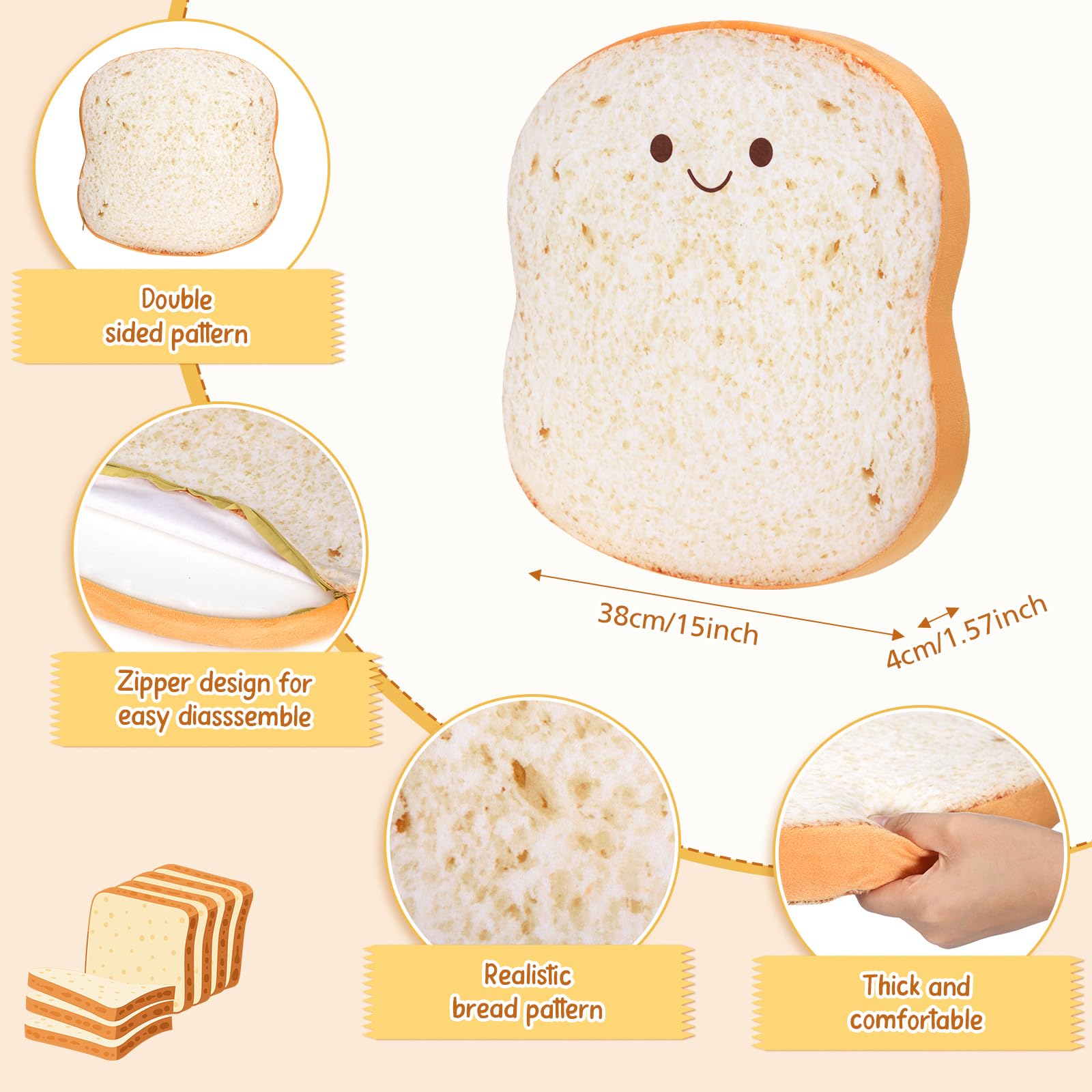 Croblissful 8 Pcs Toast Seat Cushion Bread Chair Cushion With Removable Cover 15'' X 15'' Cute Chair Pillow Pad Toast Shaped Sof