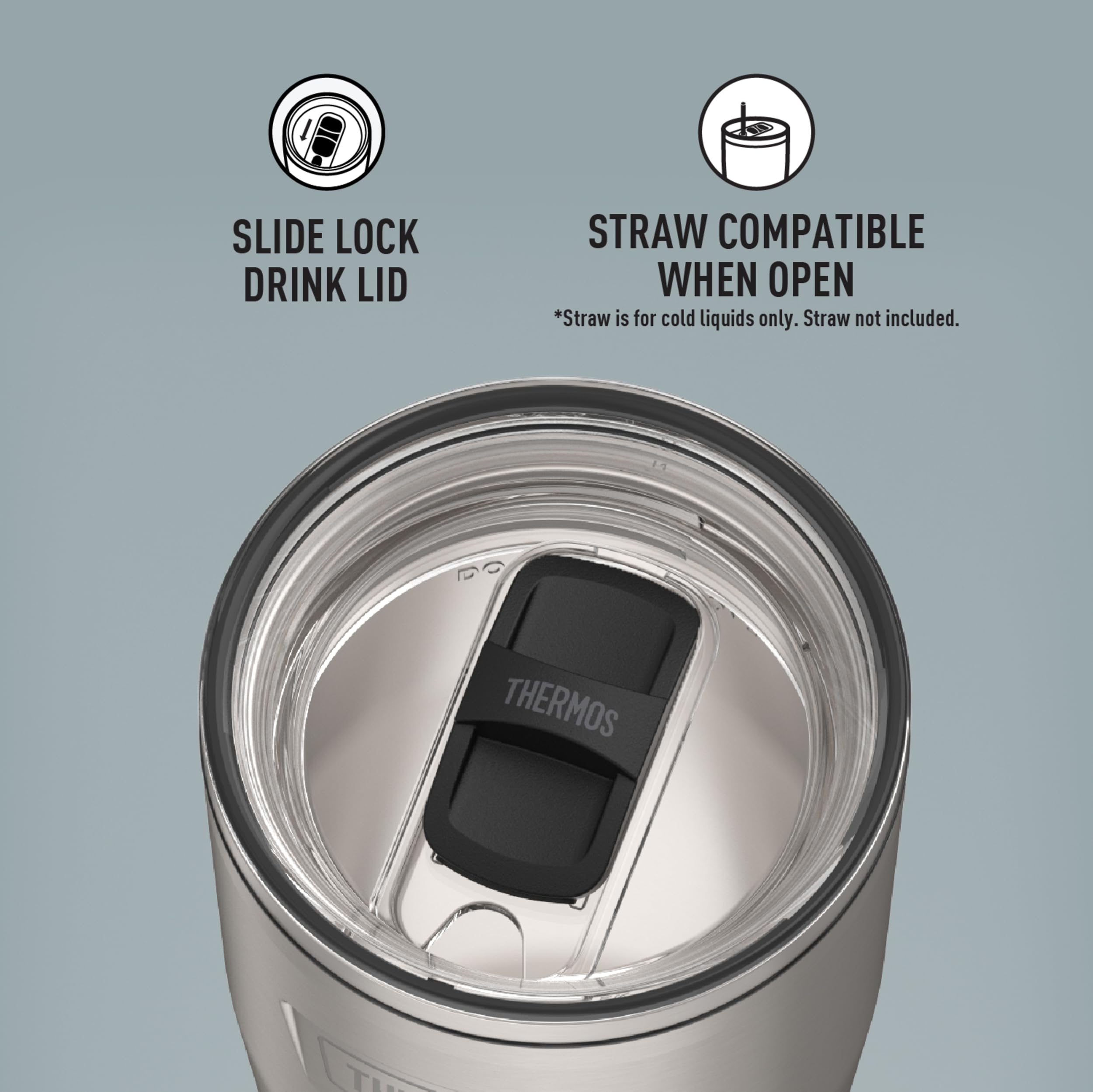Thermos Icon Series Stainless Steel Cold Tumbler With Slide Lock, 24 Ounce, Matte Stainless Steel
