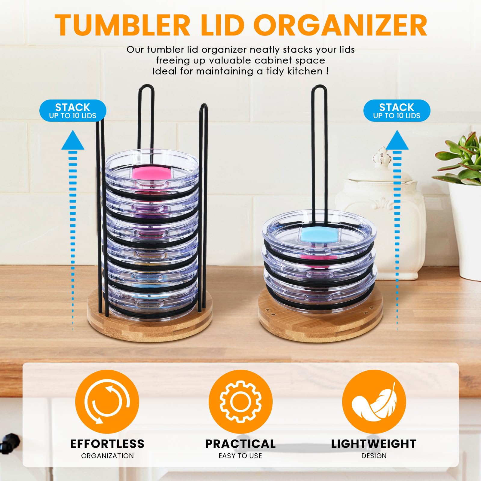 Witarten Tumbler Lid Organizer, Detachable Bamboo Cup Lid, Vertical Storage For Up To 10 Lids,Keep Your Tumbler Lids Neatly Stor