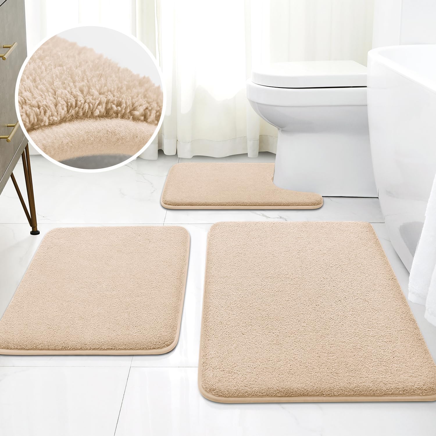 Homeideas Upgraded Bathroom Rugs Set 3 Piece, Extra Thick Absorbent Soft Memory Foam, Washable Toilet Bath Mat (Beige,17''X24''+