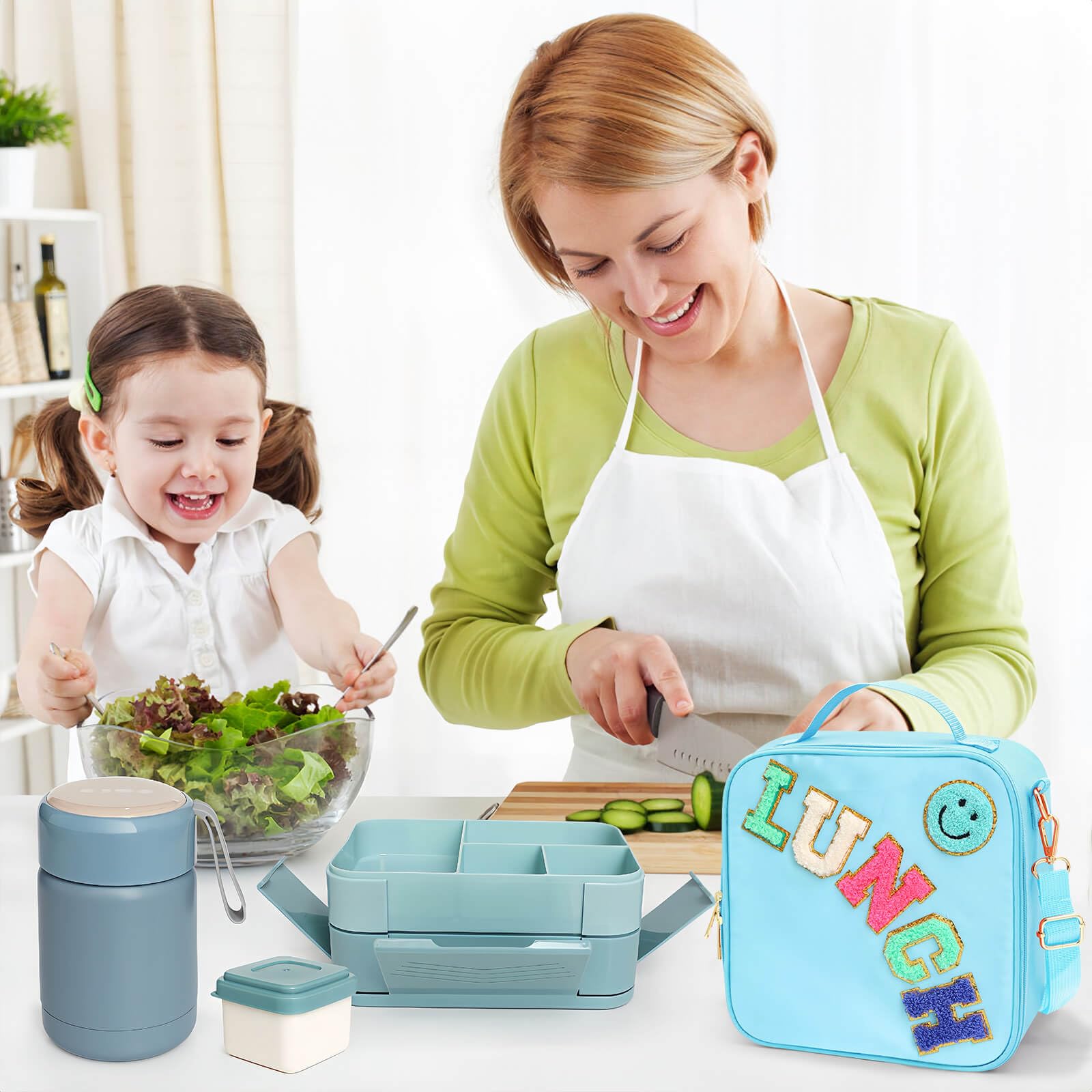 Kids Lunch Bag with 10oz Thermos, with 6 Compartment Bento Box, Blue Nylon Insulated Preppy Lunch Box Adjustable Strap Birthday