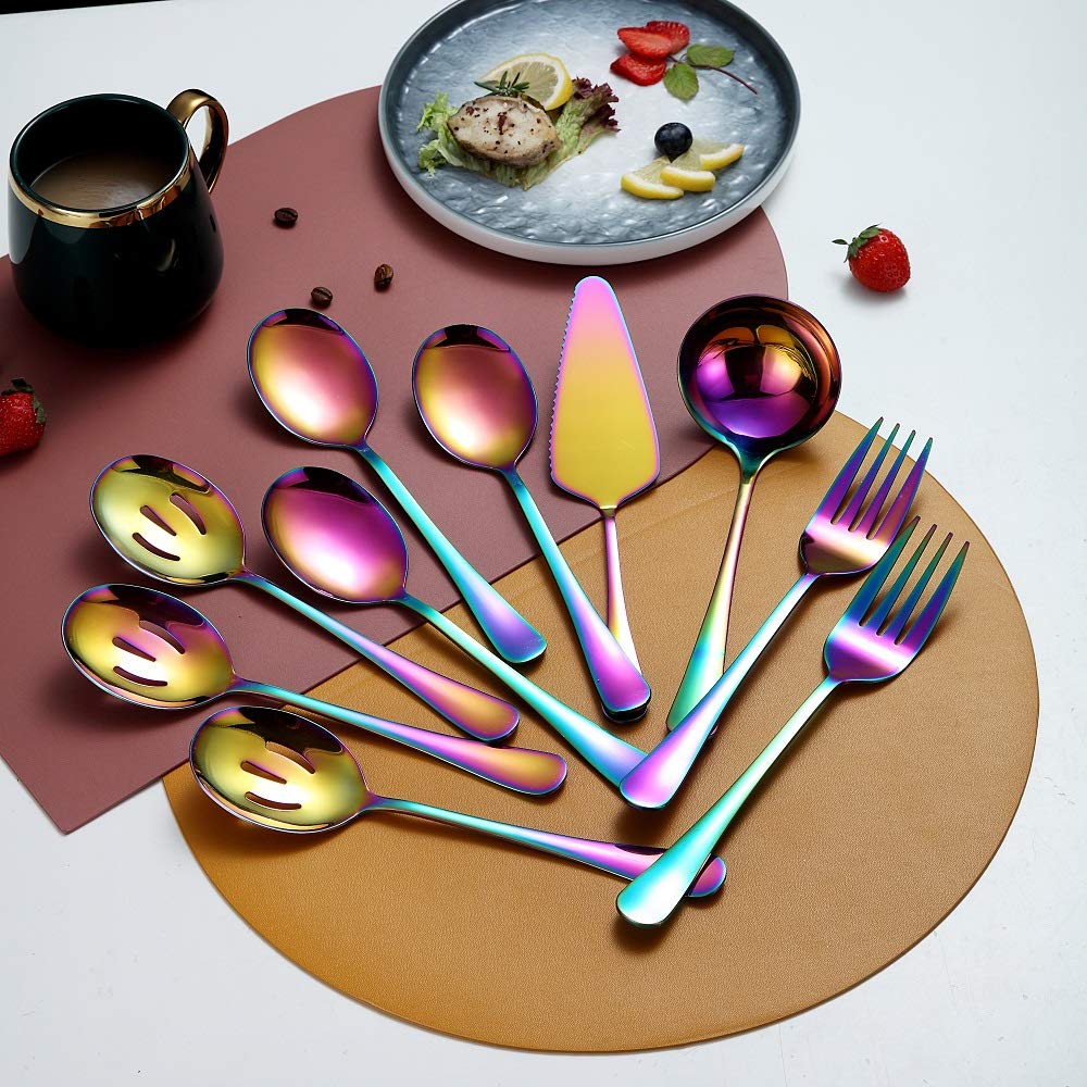 Rainbow 10-Piece Serving Flatware Silverware Set,Stainless Steel Serving Utensil Set,Include Slotted Serving Spoon, Serving Spoo