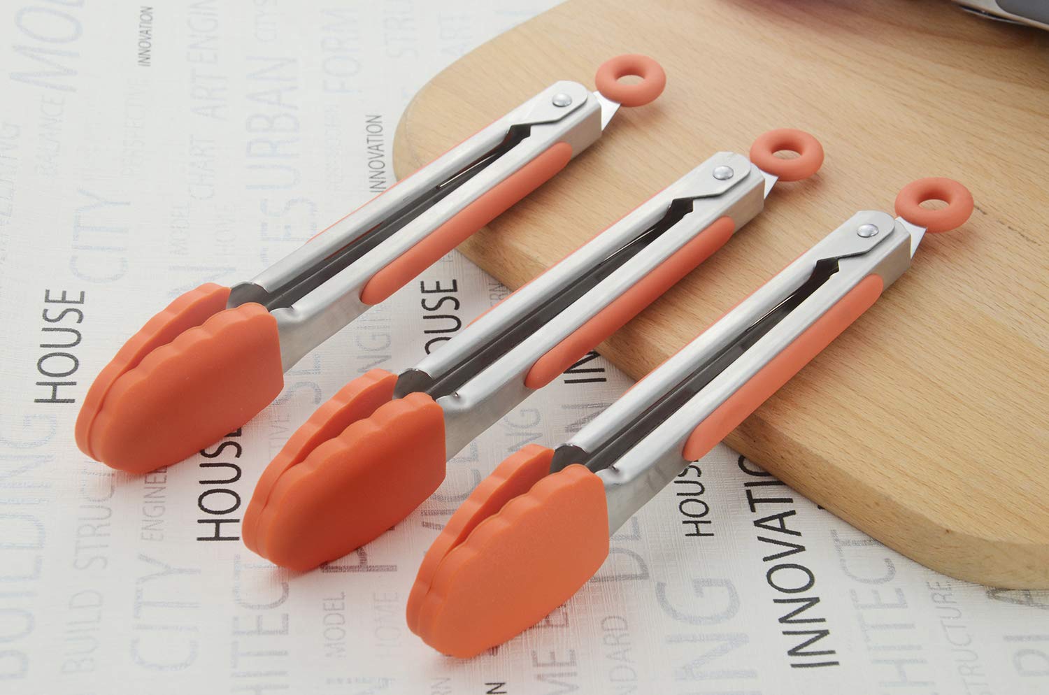 Hinmay 7-Inch Stainless Steel Tongs With Silicone Tips Locking Metal Food Tongs, Set Of 3 (Orange)
