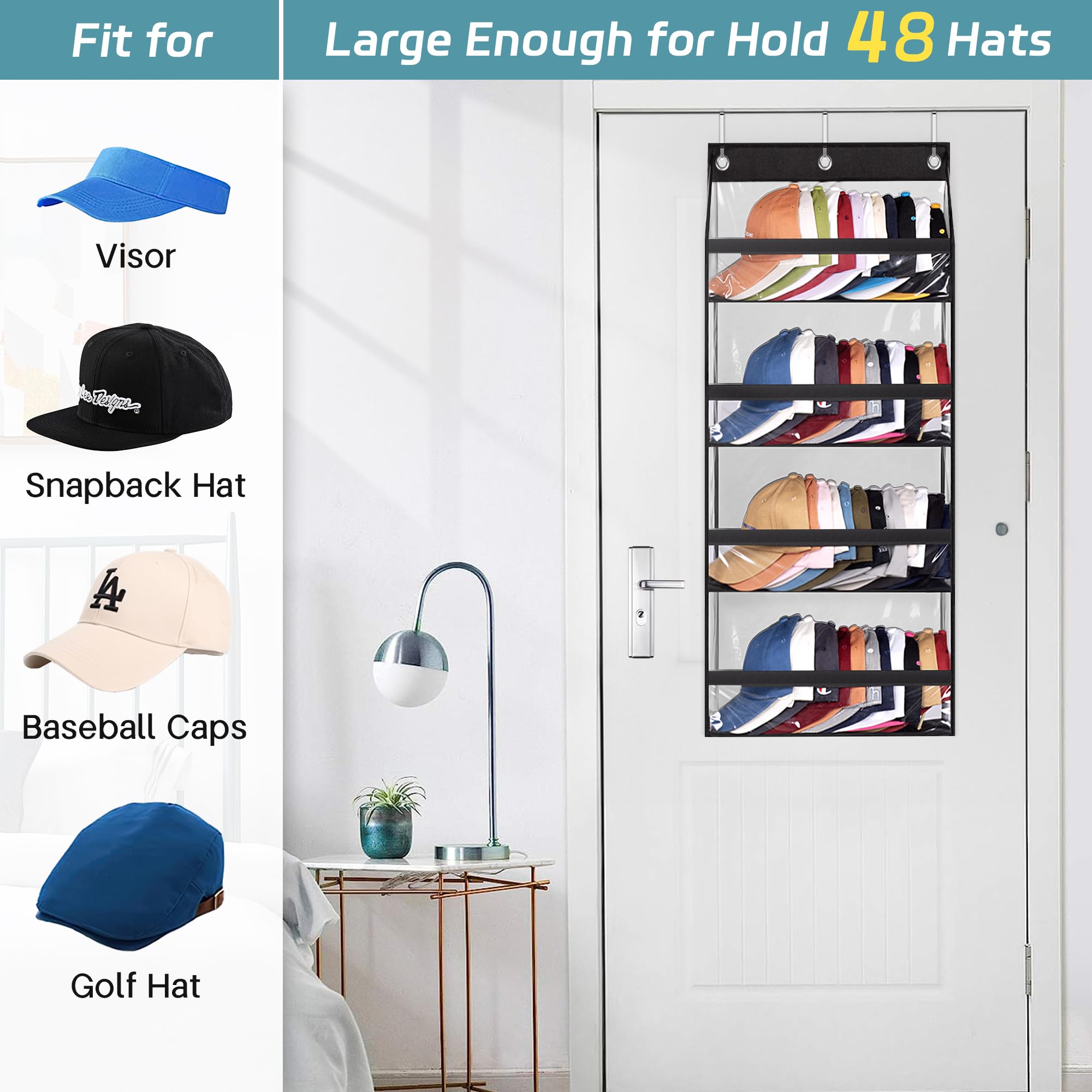 Aooda Clear Over The Door Hat Racks For Baseball Caps, Hold 48 Caps Hat Storage Organizer For Closet Wall, Deep Pockets Hanging