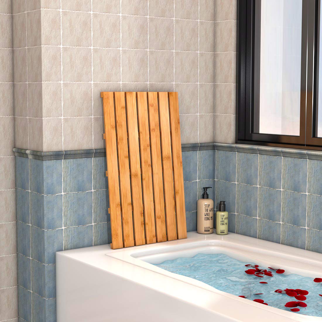 Bamboo Wooden Bath Floor Mat For Luxury Shower - Non-Slip Bathroom Waterproof Carpet For Indoor Or Outdoor Use (313 X 181 X 15 I