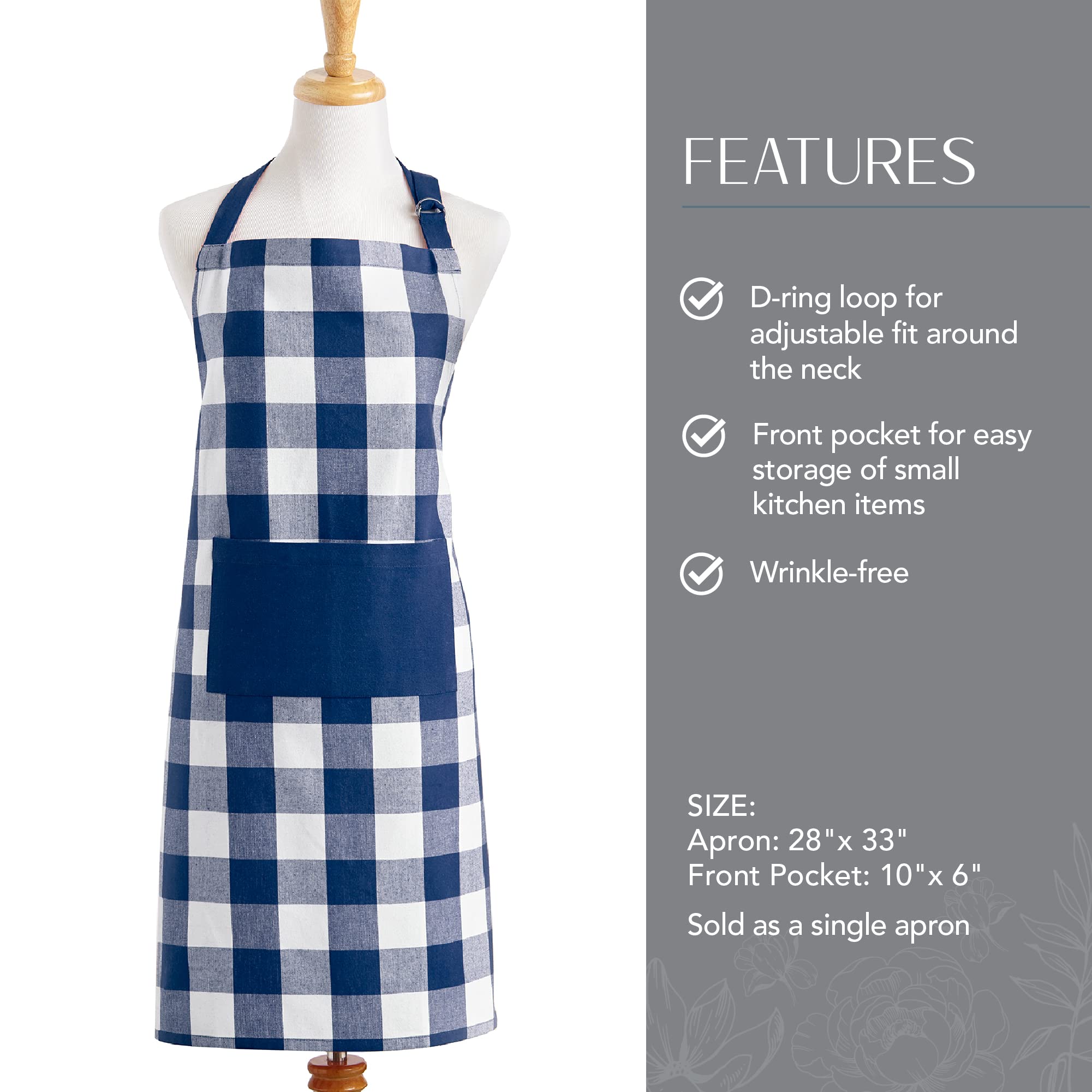 Elrene Home Fashions Farmhouse Living Buffalo-Check Kitchen Apron With Pocket, 28'' X 33'', Blue/White