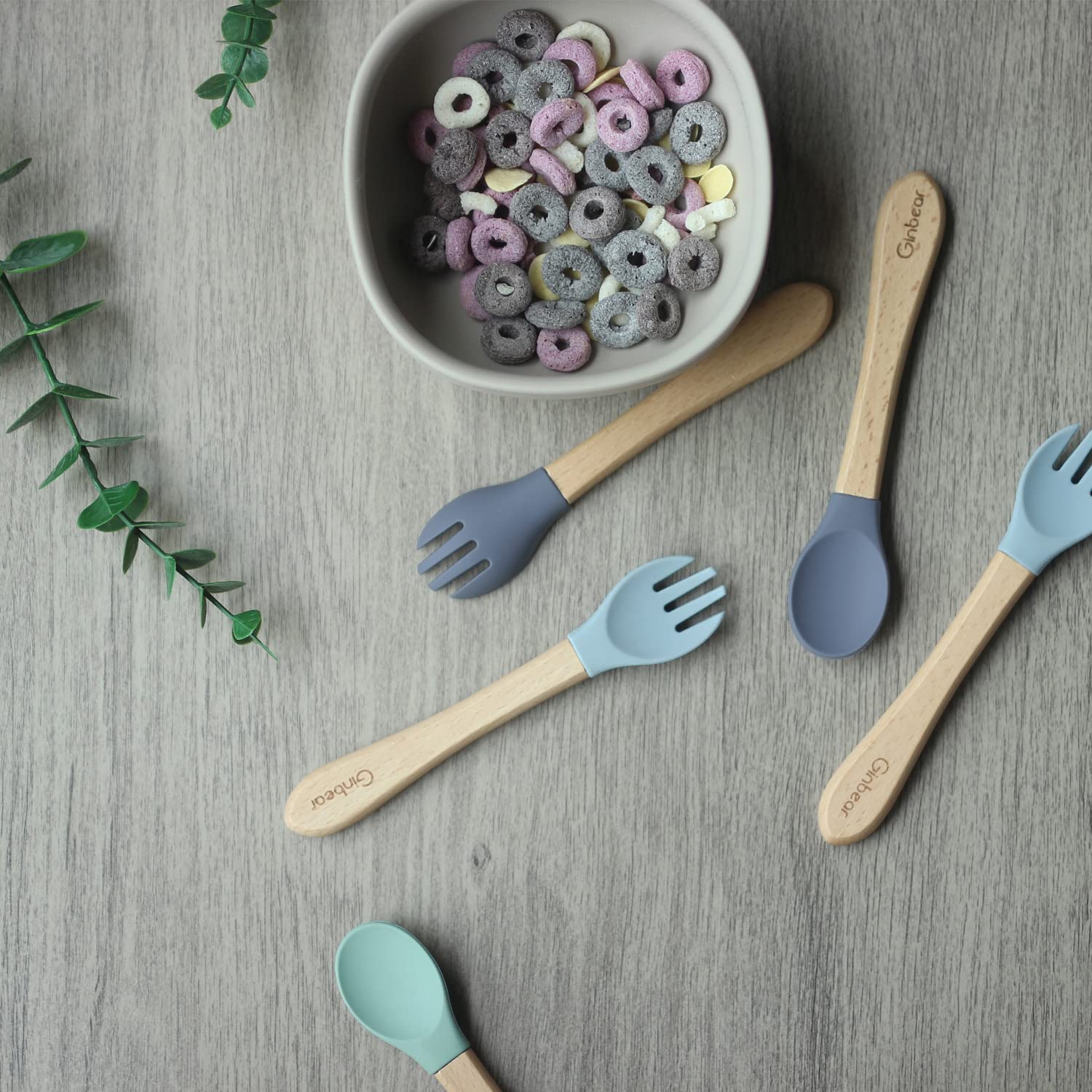 ginbear Silicone Baby Spoon and Fork Self-feeding, Baby Flatware Sets for Boy, Toddler Feeding Utensils for child 6 Months+ (gra
