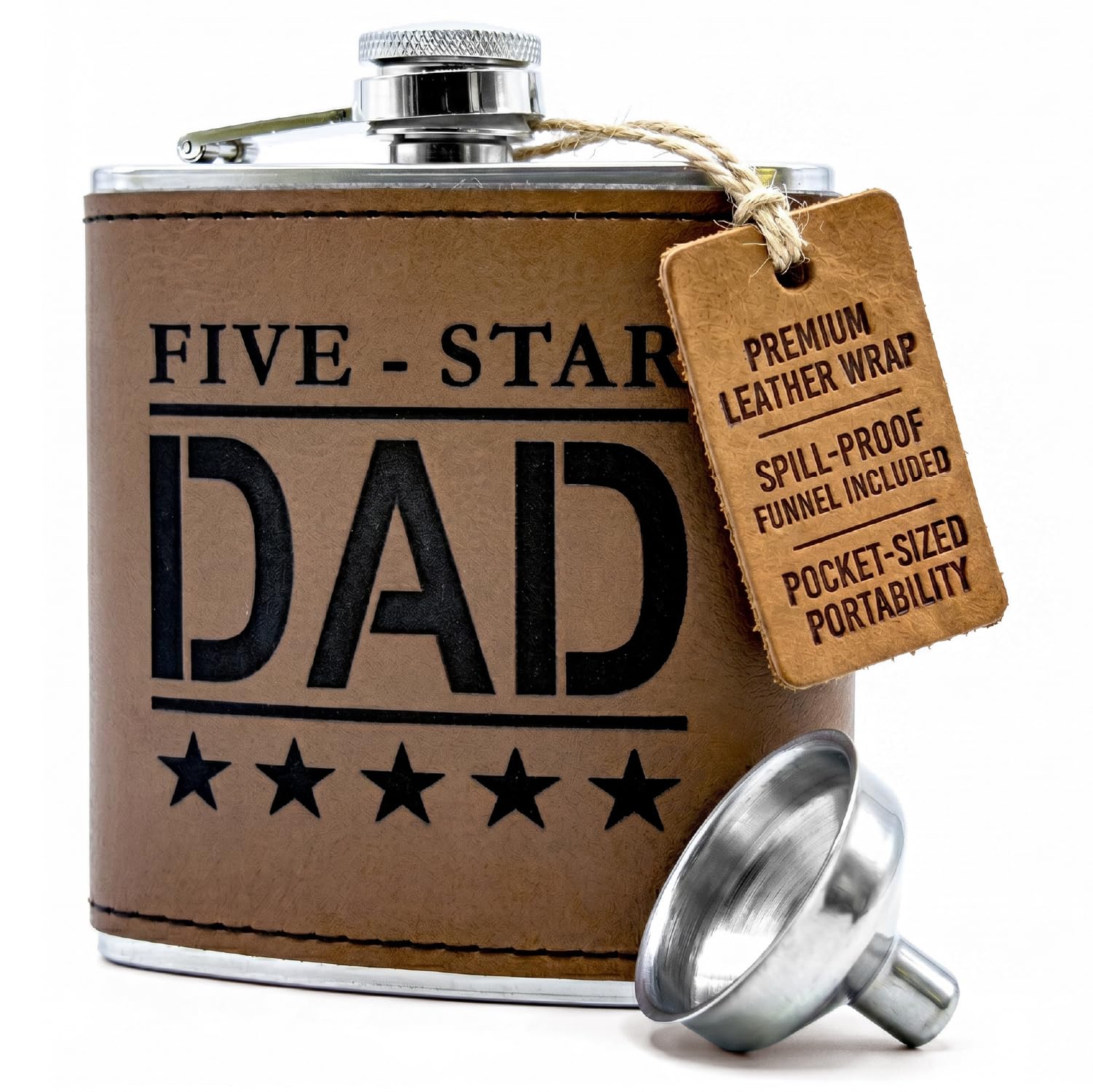 Dad Flask, Leather Wrapped Stainless Steel Hip Flask with Funnel, Five Star Dad Gift for Fathers Day, Birthday or Christmas (D