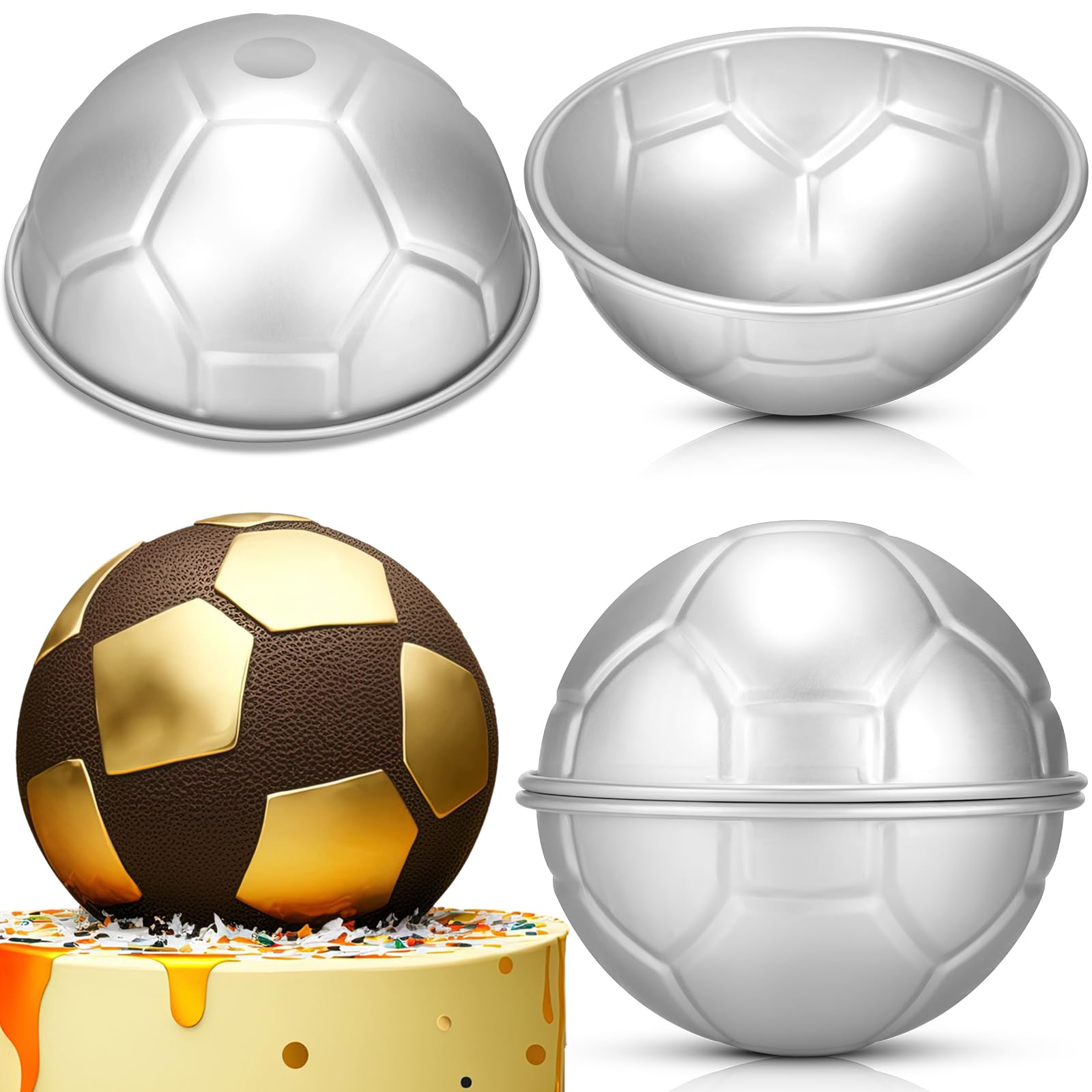 Hushee 2 Pcs Football Cake Pan 8 Inch Aluminum Hemisphere Pan Nonstick 3D Round Shape Cake Molds For Baking Sphere Half Ball Cak