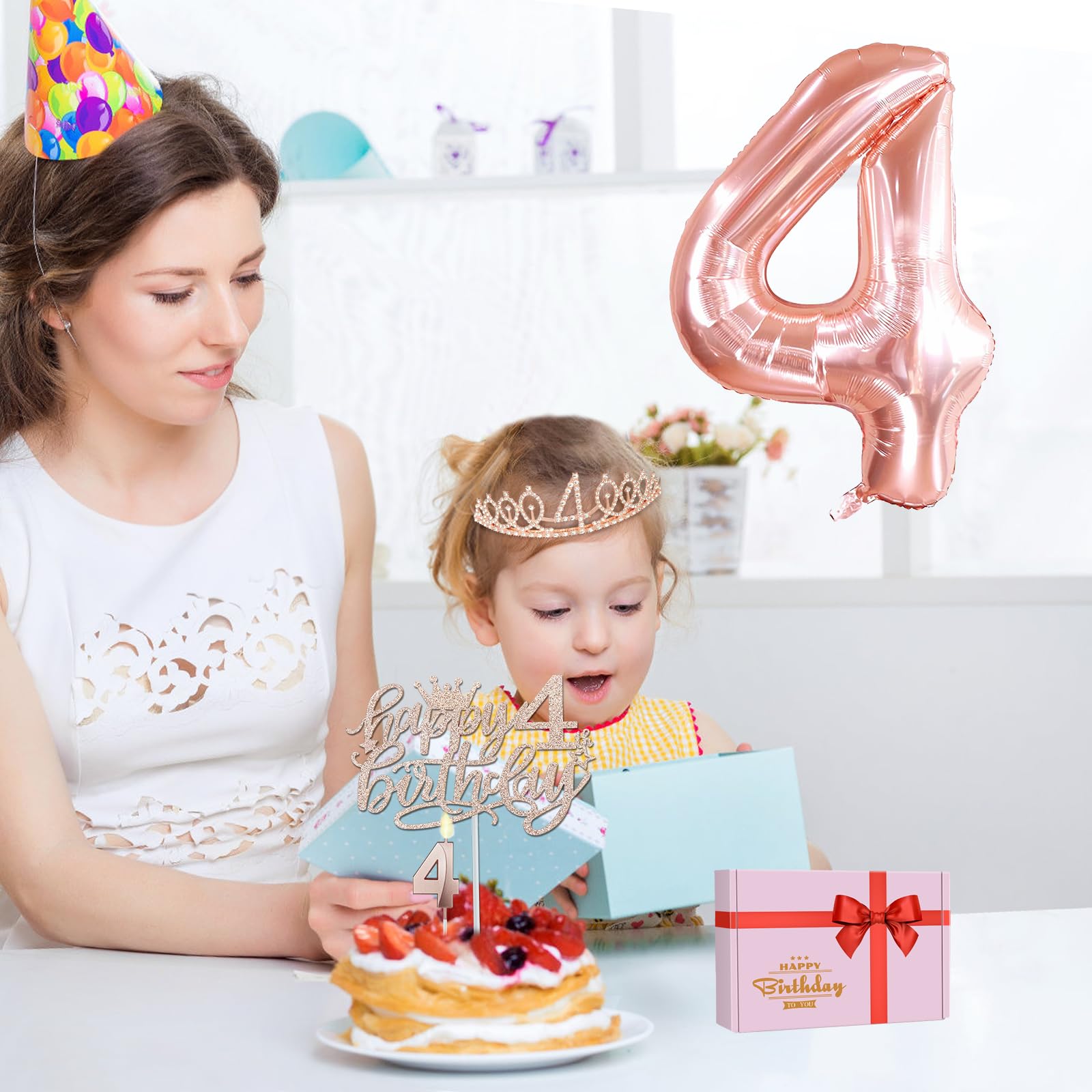 4Th Birthday Decorations For Girls, Including 4Th Birthday Sash And Tiara, 4Th Birthday Candles And Cake Toppers, Rose Gold 4 Ba