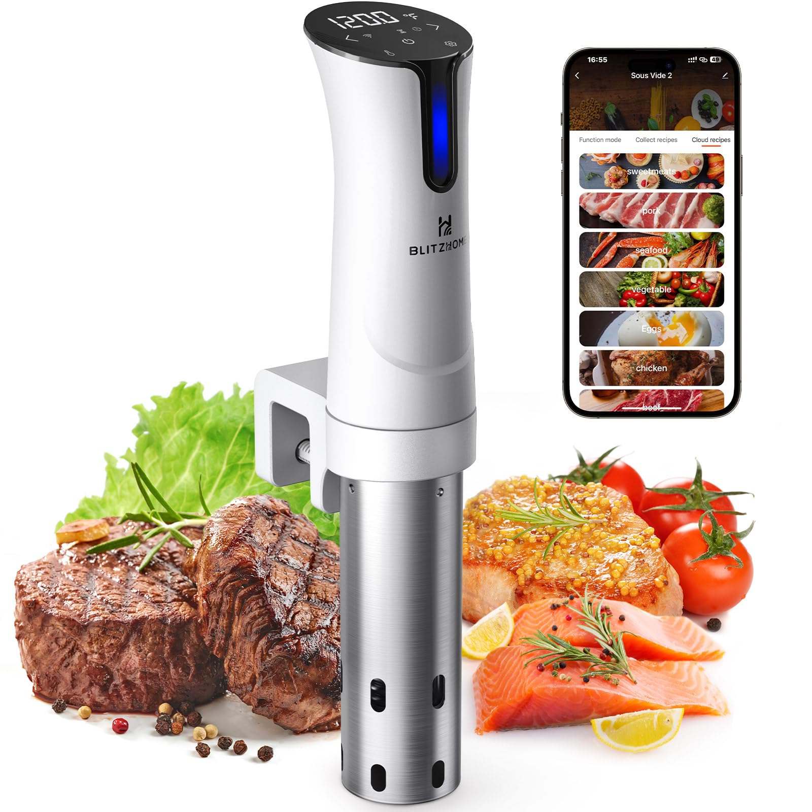 BLITZHOME Sous Vide Machine, WiFi APP Included, 1100W Sous Vide Cooker with Accurate Temperature & Timer, Stainless Ultra Quiet 