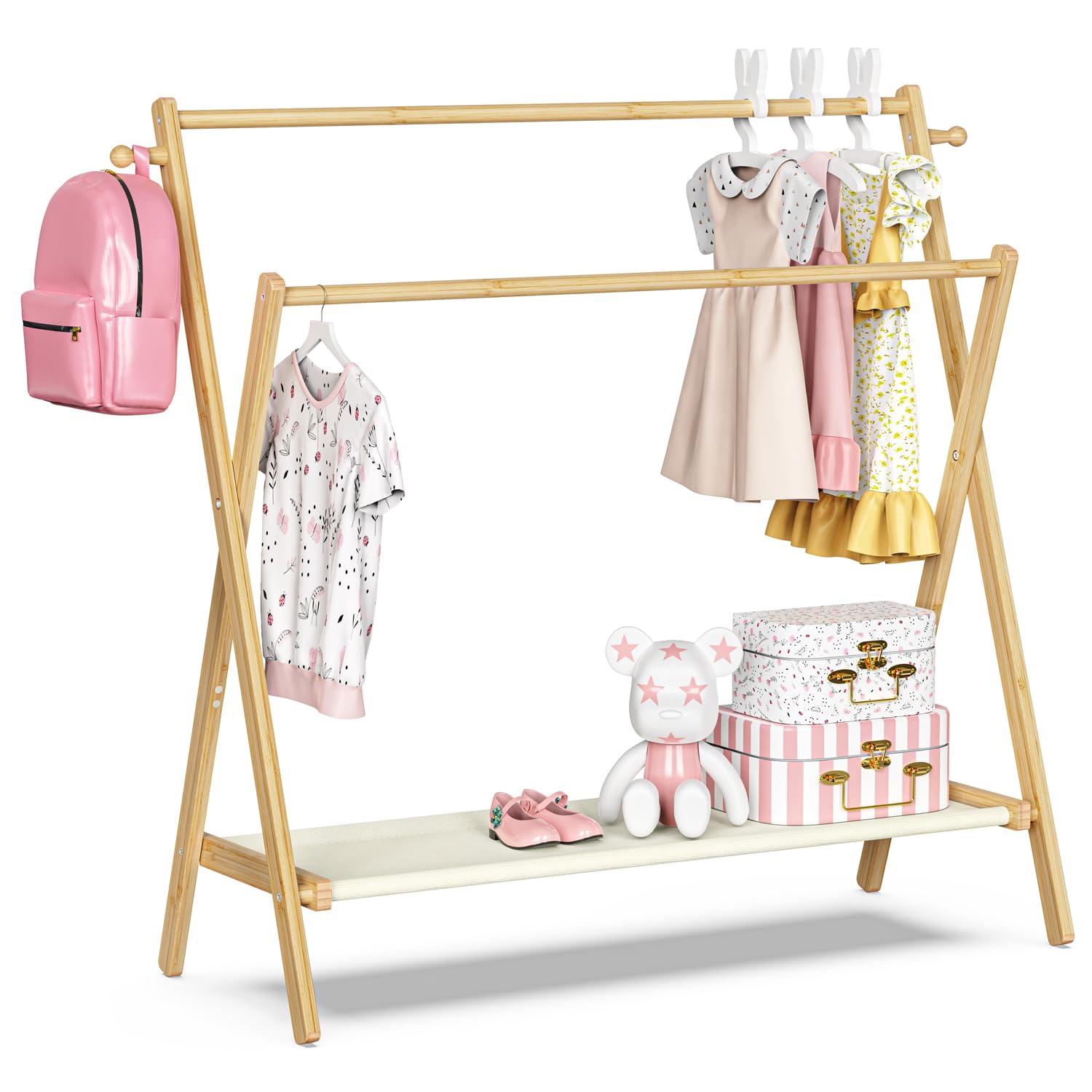 Bamboohomie Kids Clothing Rack, Kids Dress Up Rack With Storage Shelf & Double Rods, Foldable Kids Dress Up Clothes Rack For Tod