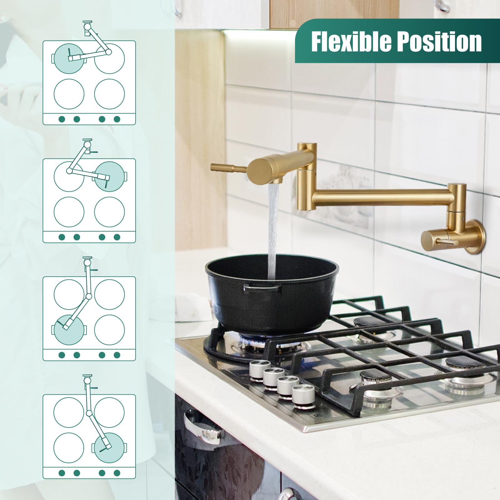 Heyalan Brushed Gold Pot Filler Faucet 19 Inch Folding Stretchable Wall Mount Kitchen Restaurant Faucet SUS304 Stainless Steel with Double Joint Swing Arm Single Hole Two Handles Commercial NPT