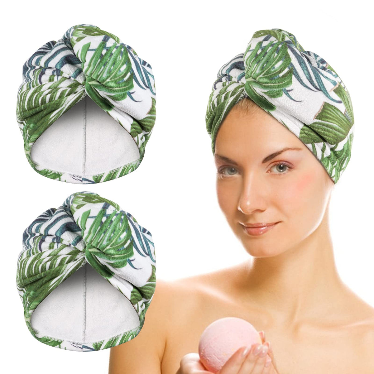 AuroTrends Microfiber Hair Towel Wrap 2Pack, Printed Hair Wraps for Women-Hair Drying Towels with Loop&Button, Thin Quick Dry Ha