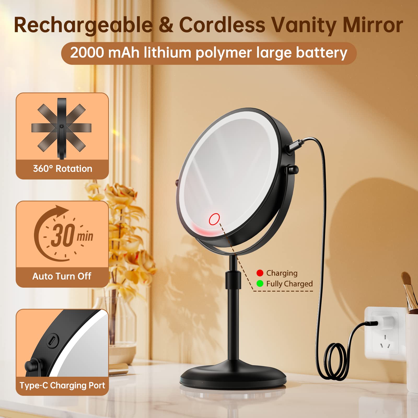 Gospire Lighted Makeup Mirror With Magnification 10X, 3 Color Dimmable Lights & Height Adjustable 7'' Cosmetic Mirror, 360 Swive