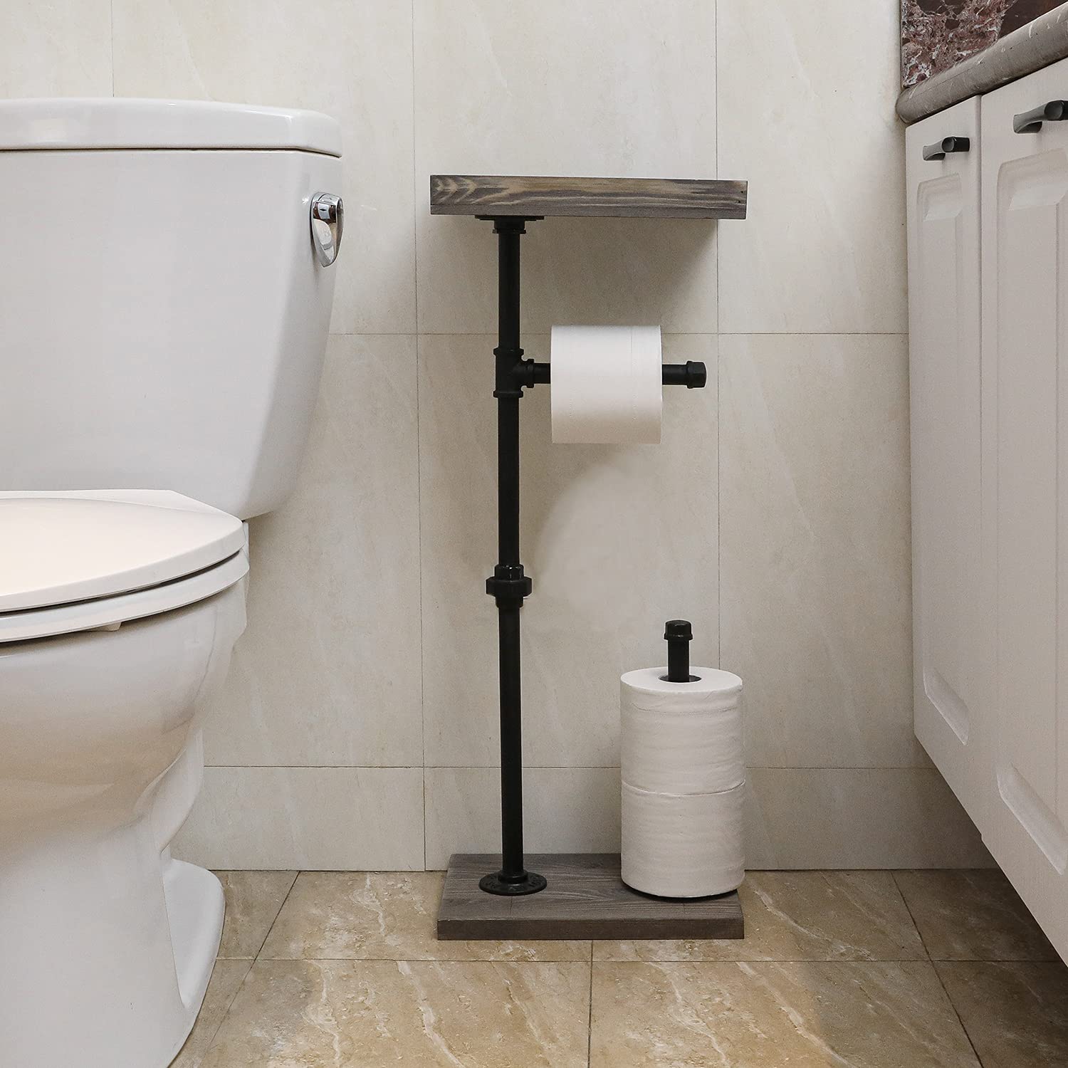 Mygift Vintage Gray Wood And Industrial Metal Pipe Freestanding Toilet Paper Roll Holder Dispenser Stand With Reserve Storage An