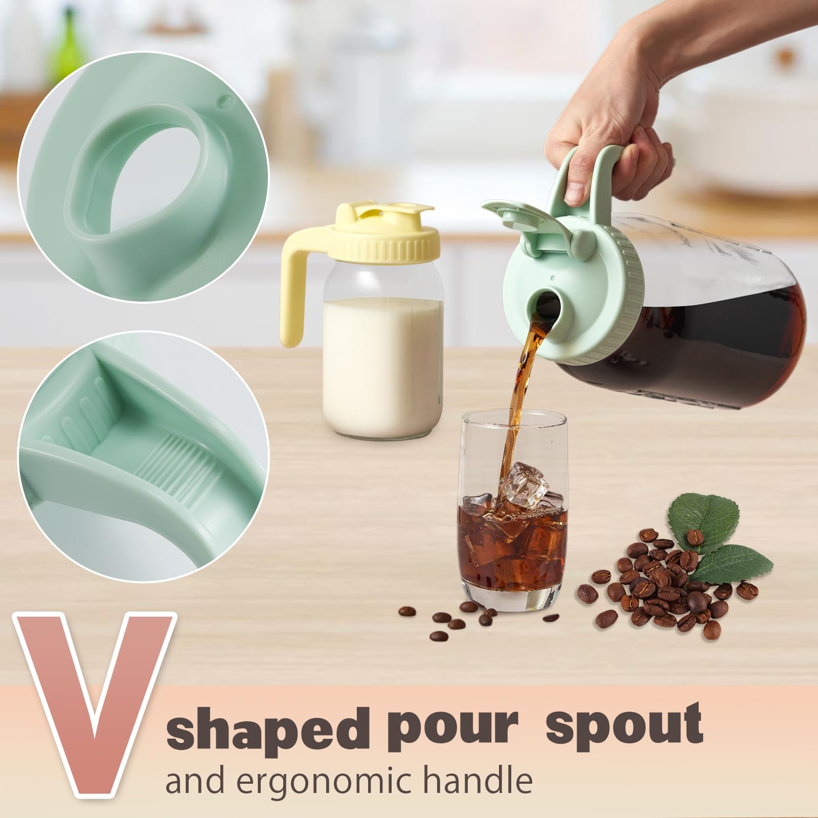 2 Pack Wide Mouth Mason Jar Lids V-Shaped With Handle, Mason Jar Pour Spout Lid With Extended Flip Lid Easy To Open, Airtight Le