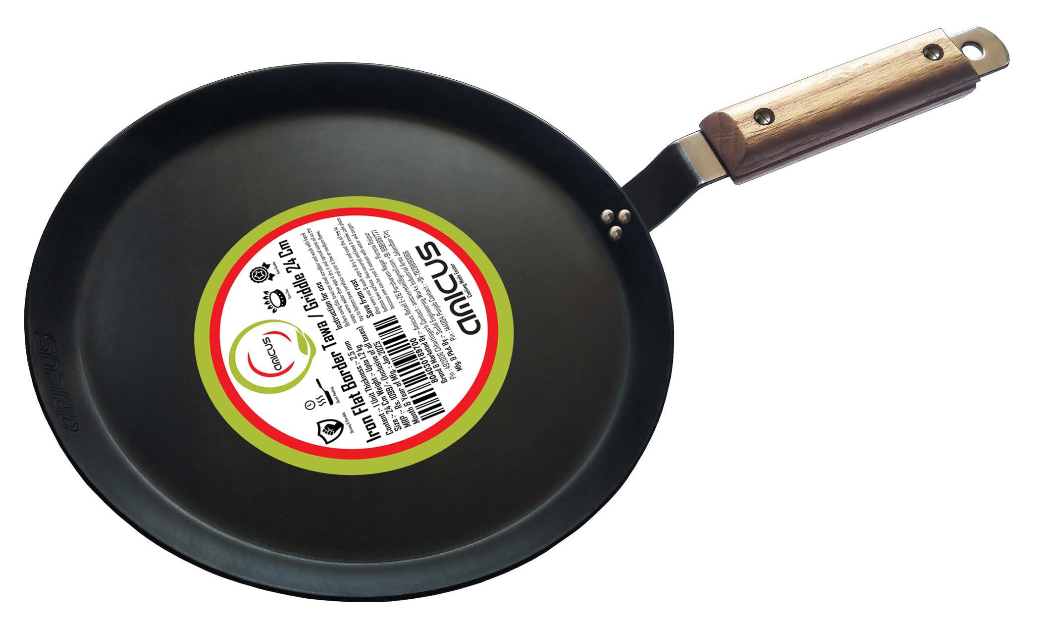 Amicus Pure Iron Tawa For Dosa Roti Chapati Paratha, Flat Iron Dosa Tava With Wooden Handle, Induction Friendly, 24 Cm,1.2 Kg, B