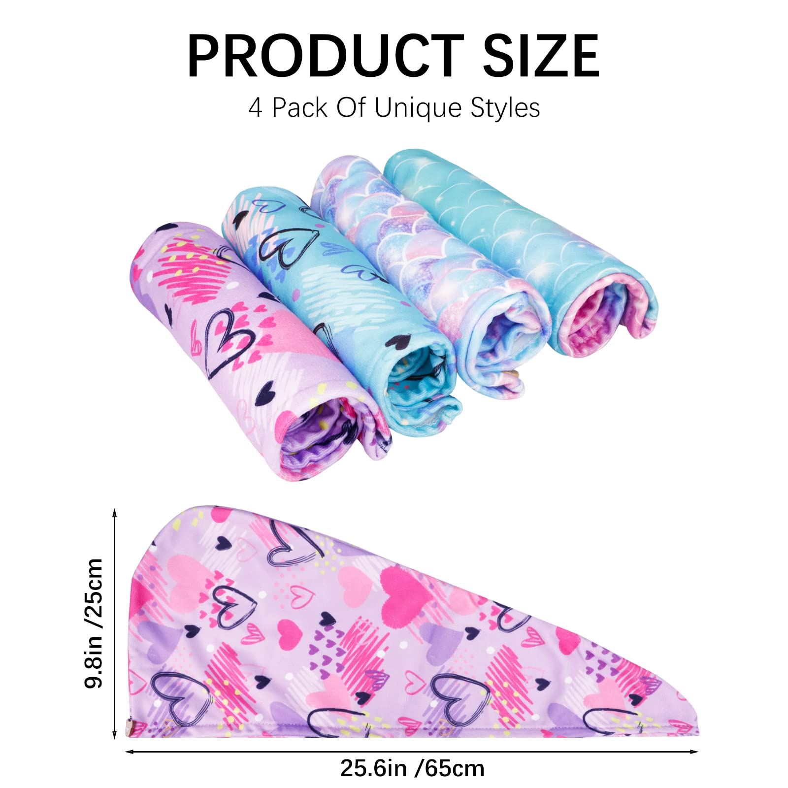 RETON 4 Pack Microfiber Hair Drying Towel, Hair Towel Wrap for Kids Girls Women, Super Absorbent Hair Turbans for Wet Hair, Fast