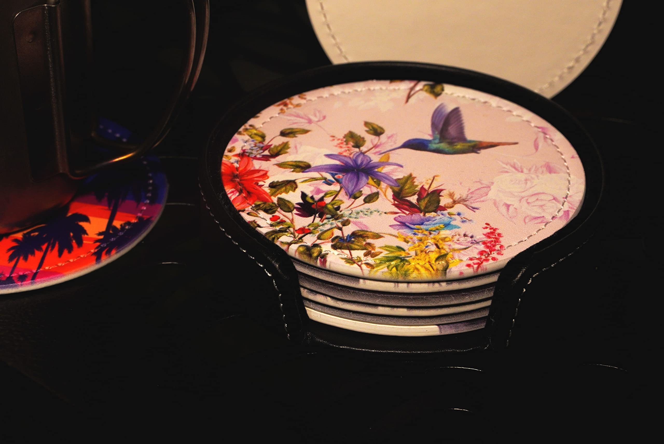 Hummingbirds Bird Flower Coasters For Drinks With Holder Leather Coasters Set Of 6 Table Decor Protect Furniture From Water Mark