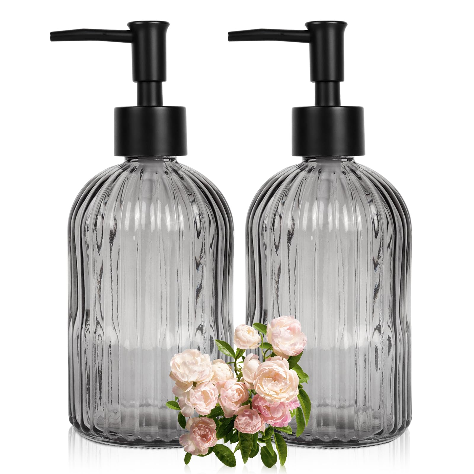 2 Pack 11Oz Glass Soap Dispenser With Plastic Pump, Vertical Stripe Design Refillable Hand Soap Dispenser For Hand Wash, Bathroo